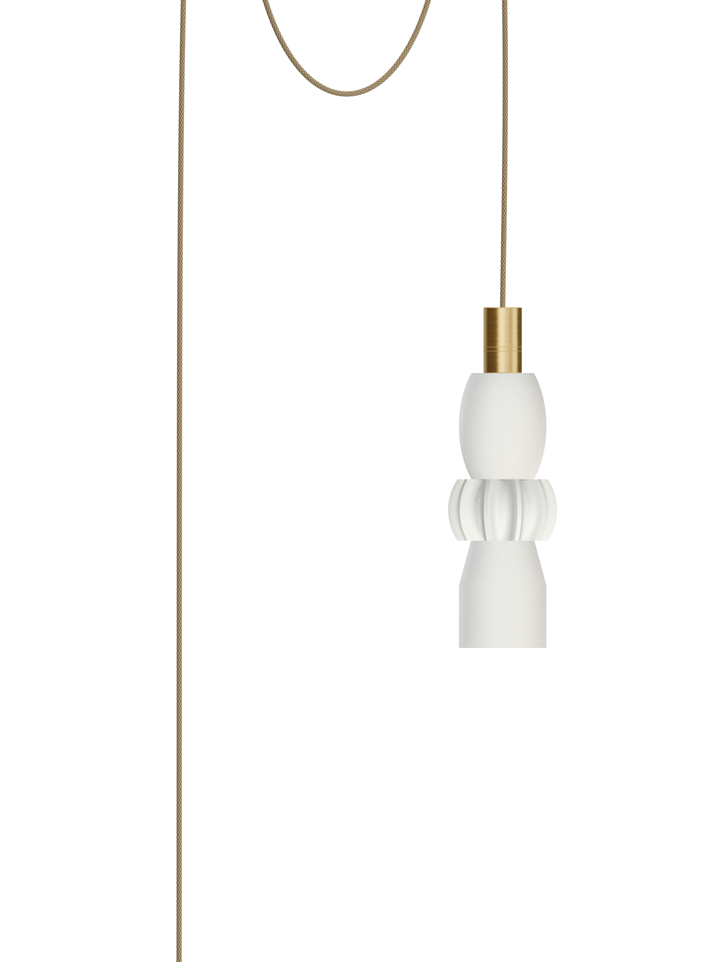 Cord Quiche single pendant with off-white shapes and brass hardware; plug-in version, light off.