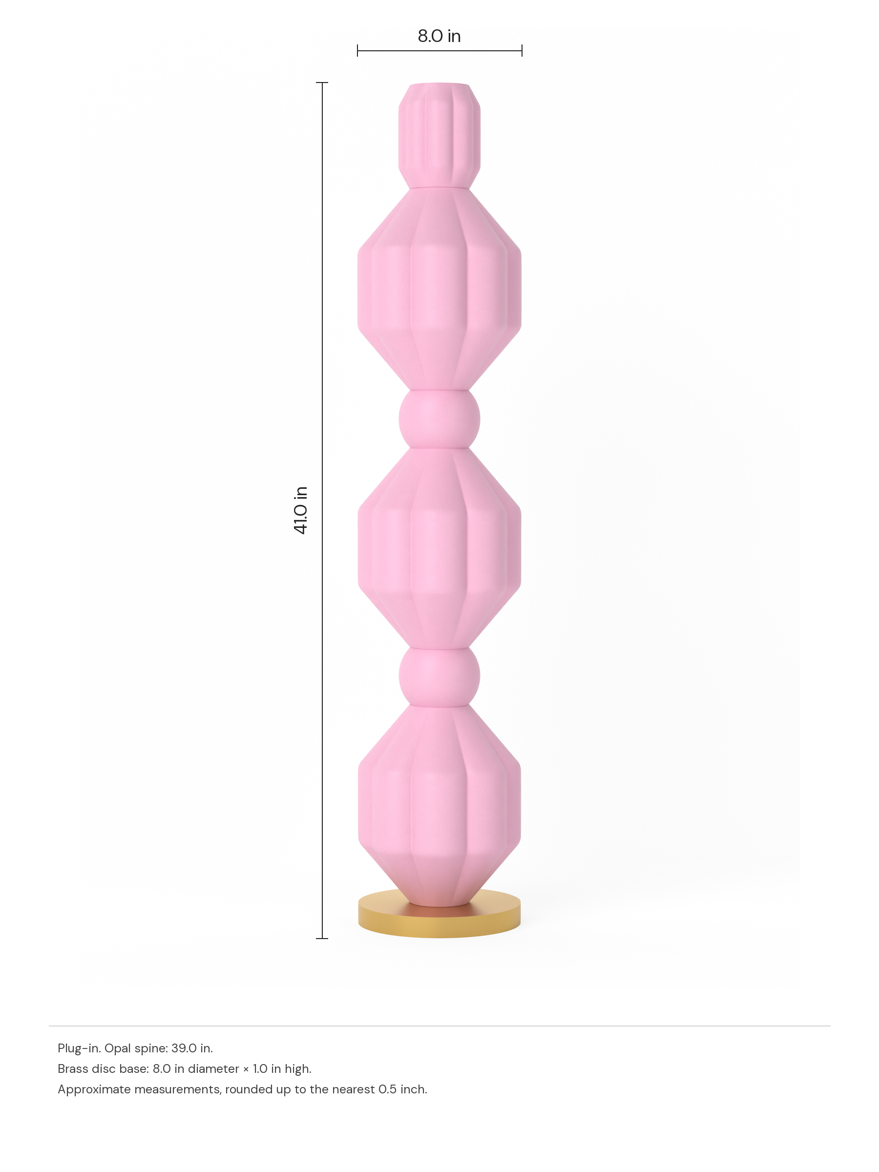 Elaine Totem in Sakura Pink with a brass disc base, plug-in. Dimension drawing: 41.0 in high × 8.0 in wide, excluding flexible cords.