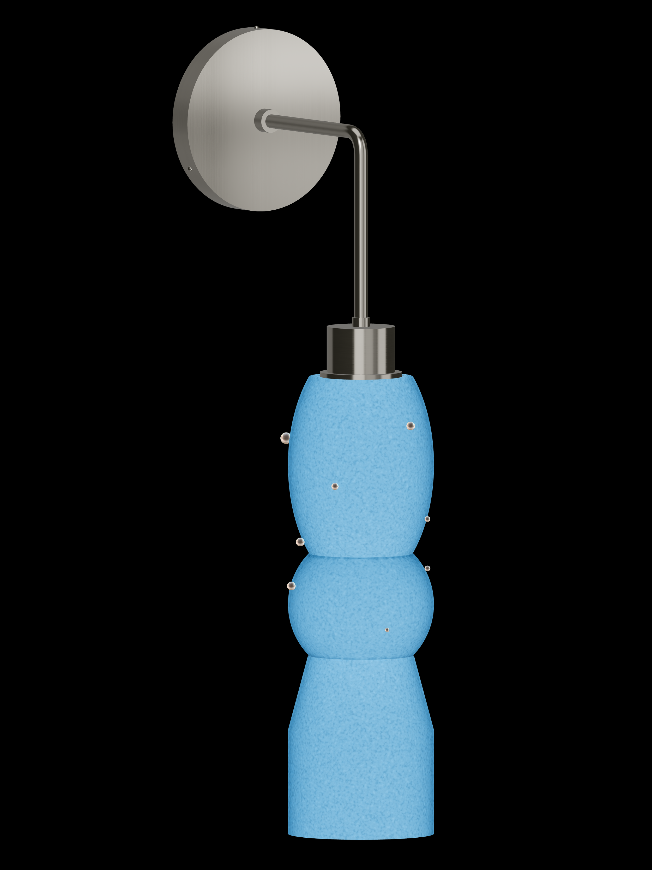 Guest Star Drop Out wall sconce with a hanging stack with glowing blue shapes with pearl details and nickel hardware; hardwired version.