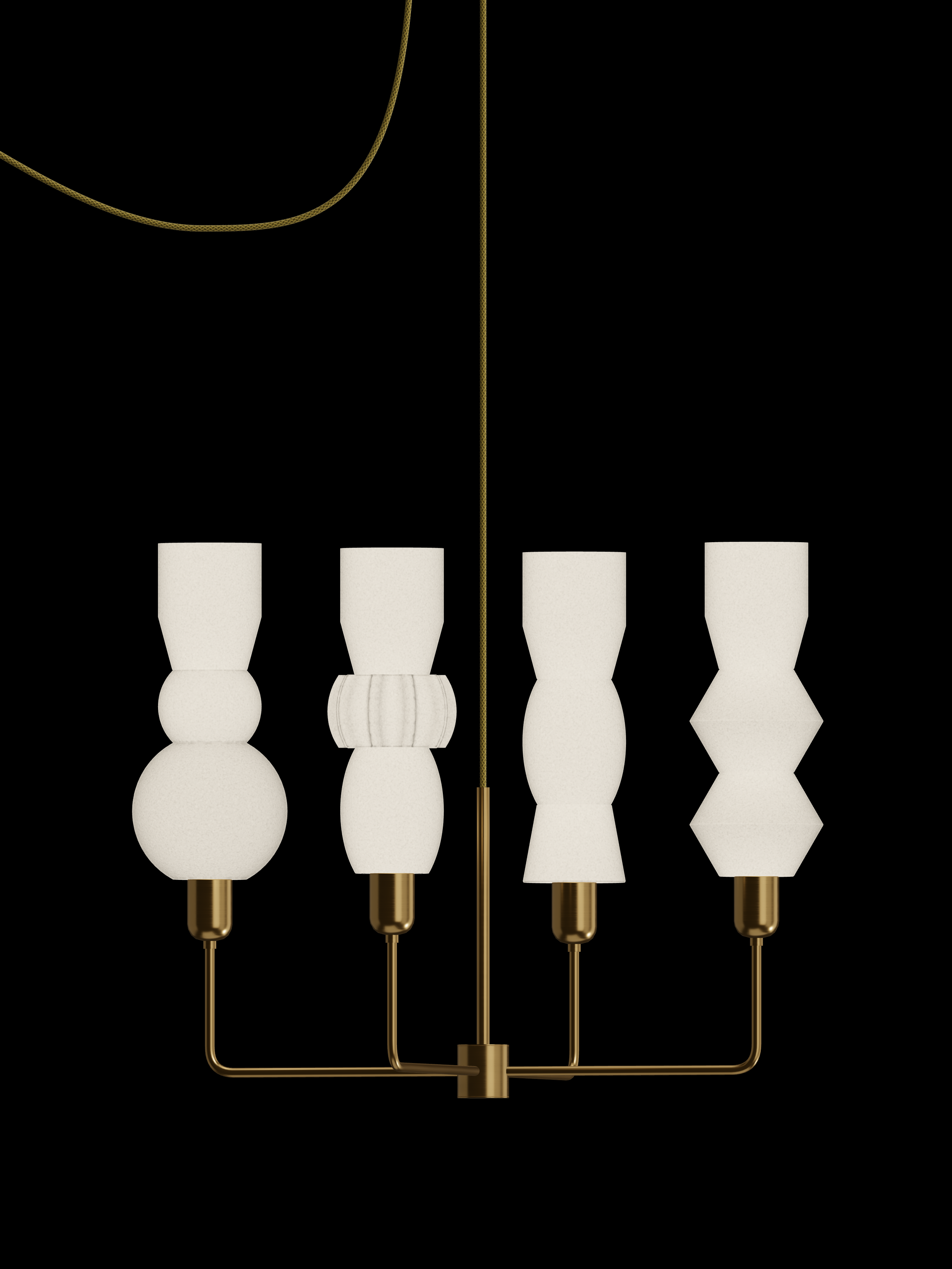 Cord Auburn four-arm chandelier with shapes glowing warm white and brass hardware; plug-in version.