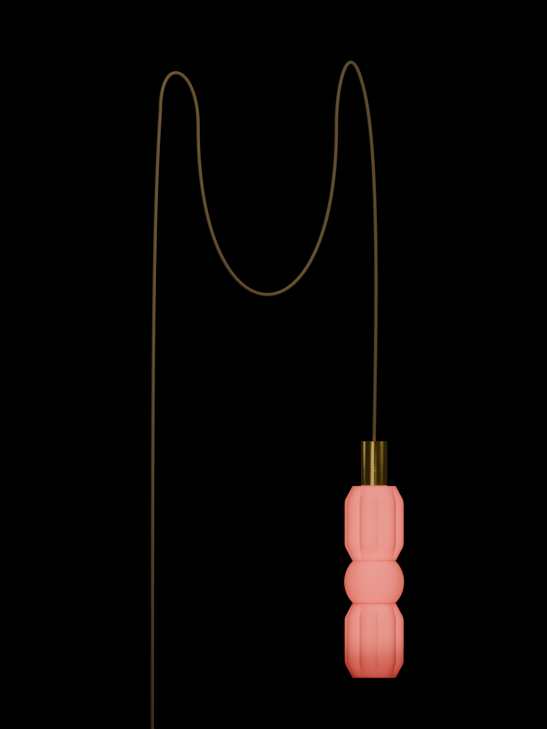 Elaine Quiche in Sakura Pink with brass hardware, plug-in, light on.