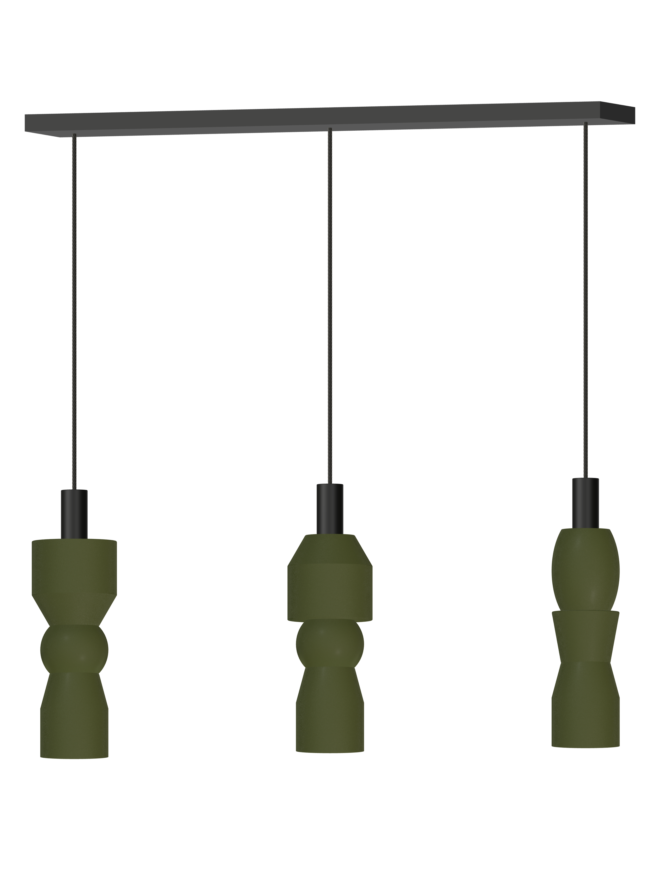 Major Runway 3 three-pendant light with dark green shapes and black hardware; hardwired version, light off.