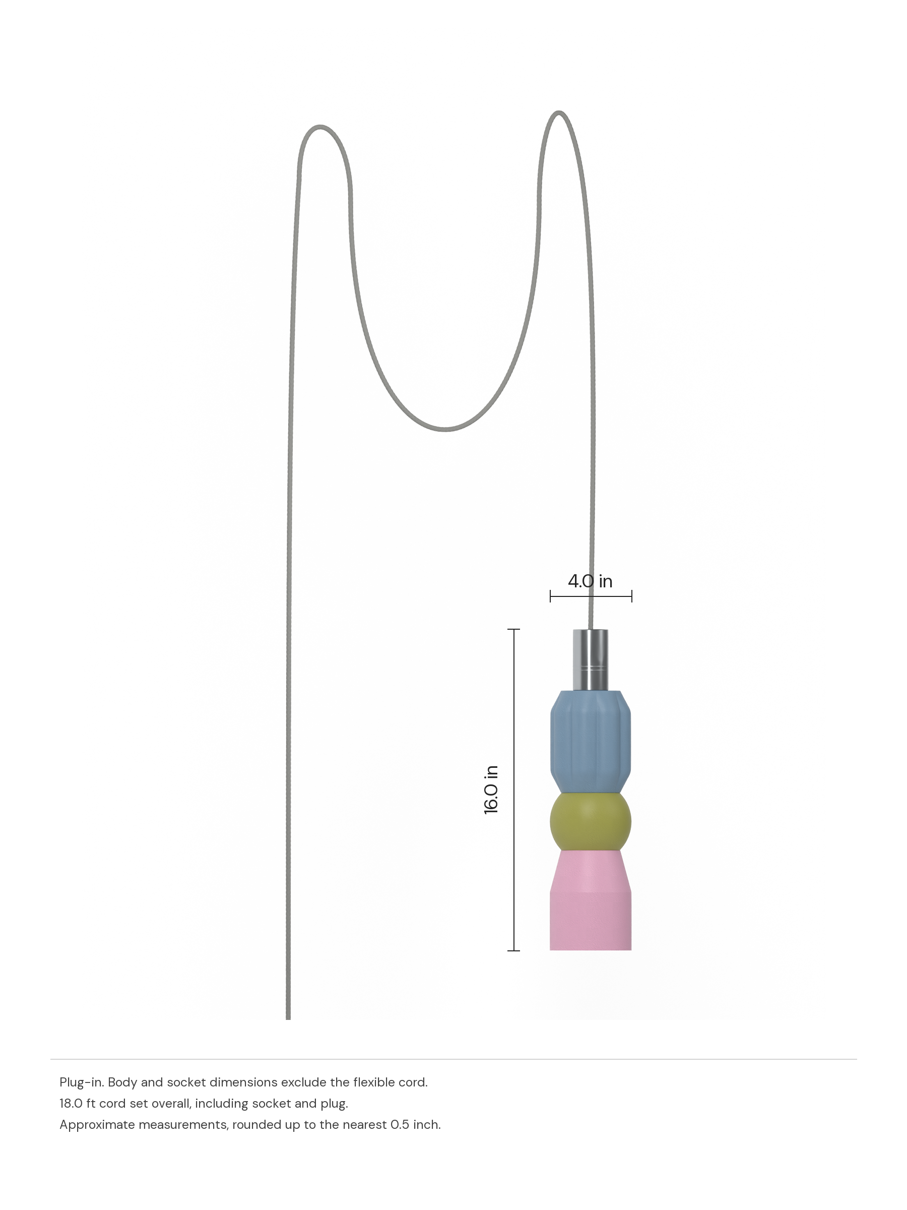 Benny Quiche in Twill, French Monk, Sakura Pink with nickel hardware, plug-in. Dimension drawing: 16.0 in high × 4.0 in wide, excluding flexible cords.