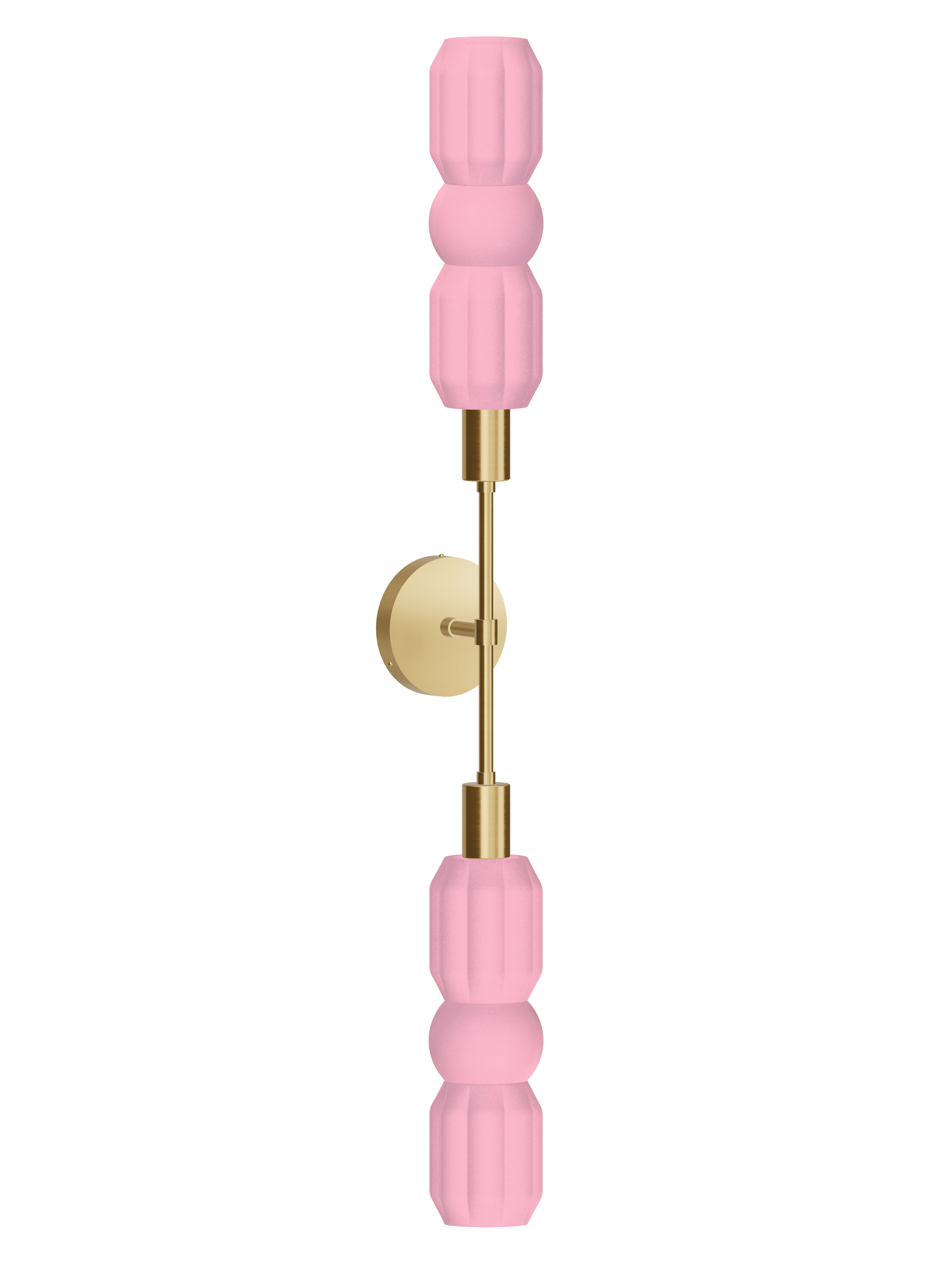 Elaine Plus One double-ended wall sconce with pink shapes and brass hardware; hardwired version, light off.