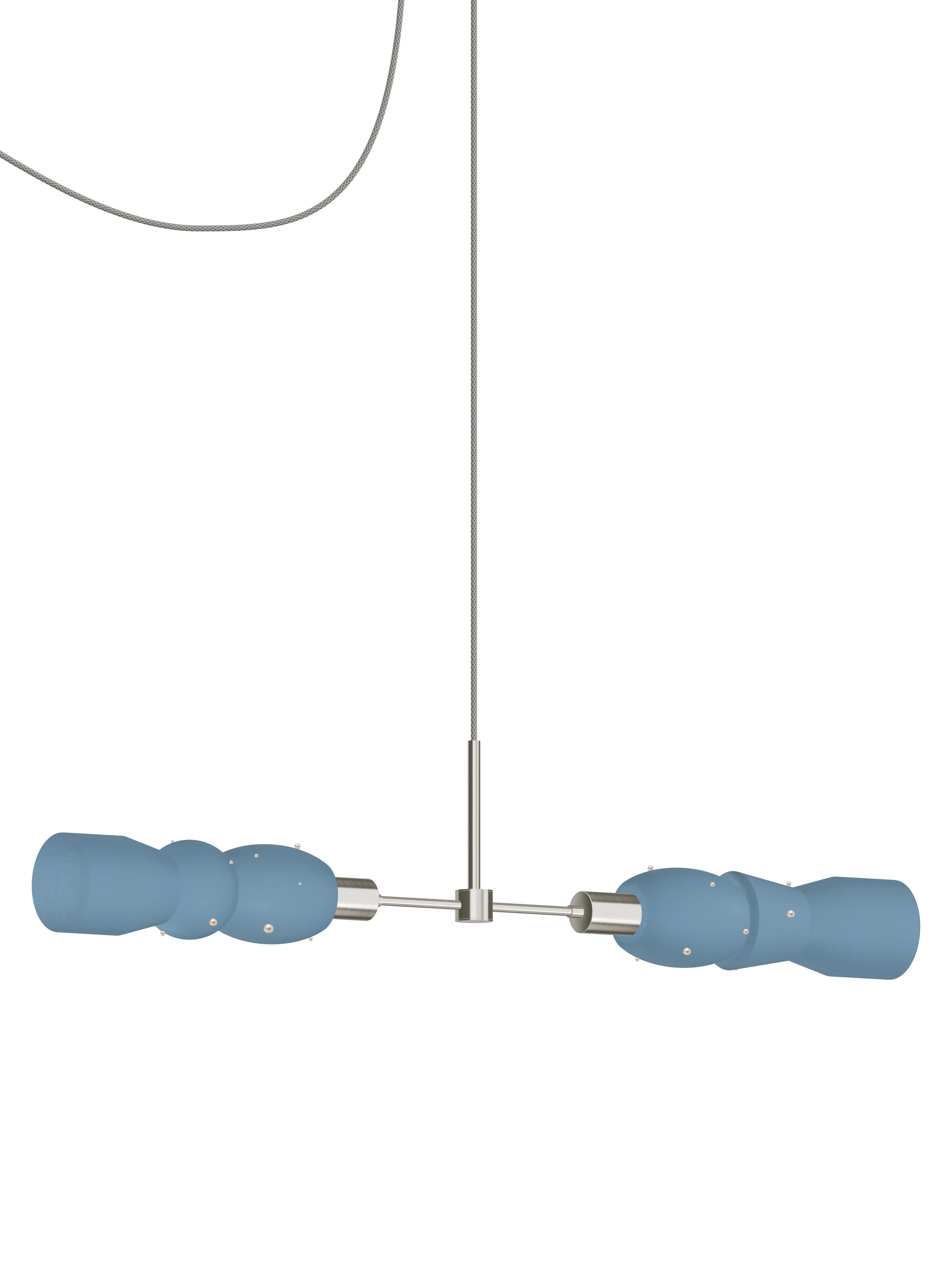 Guest Star Eavesdropper horizontal pendant with blue shapes with pearl details and nickel hardware; plug-in version, light off.