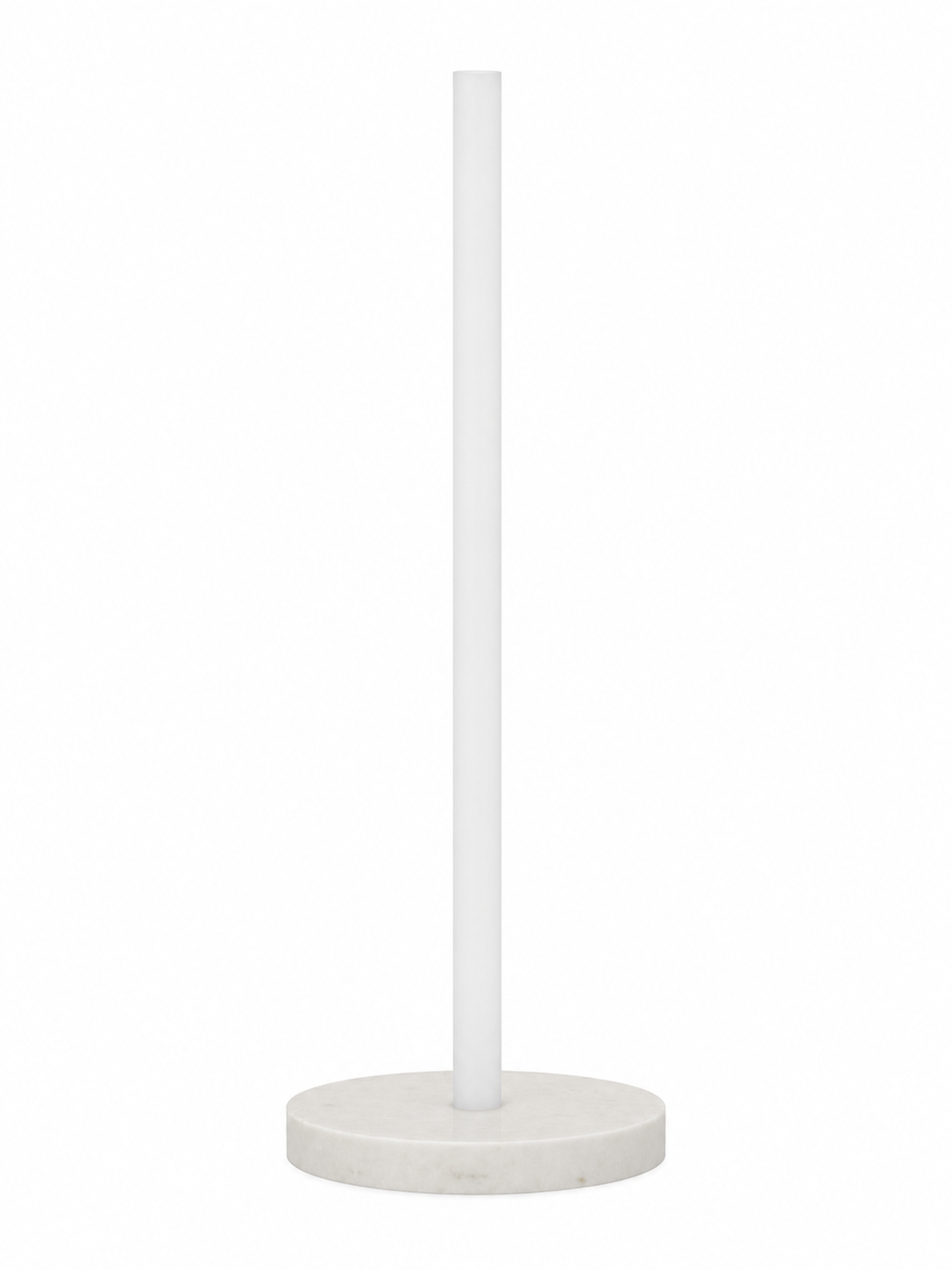 Eldon Trace Column lamp in black marble, a warm white lit column on a round black marble disc base.