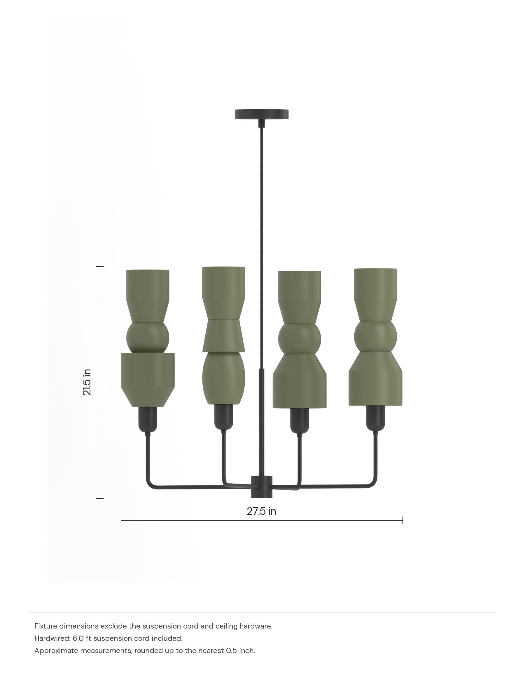 Major Auburn in Dark Green with black hardware, hardwired. Dimension drawing: 21.5 in high × 27.5 in wide, excluding flexible cords.