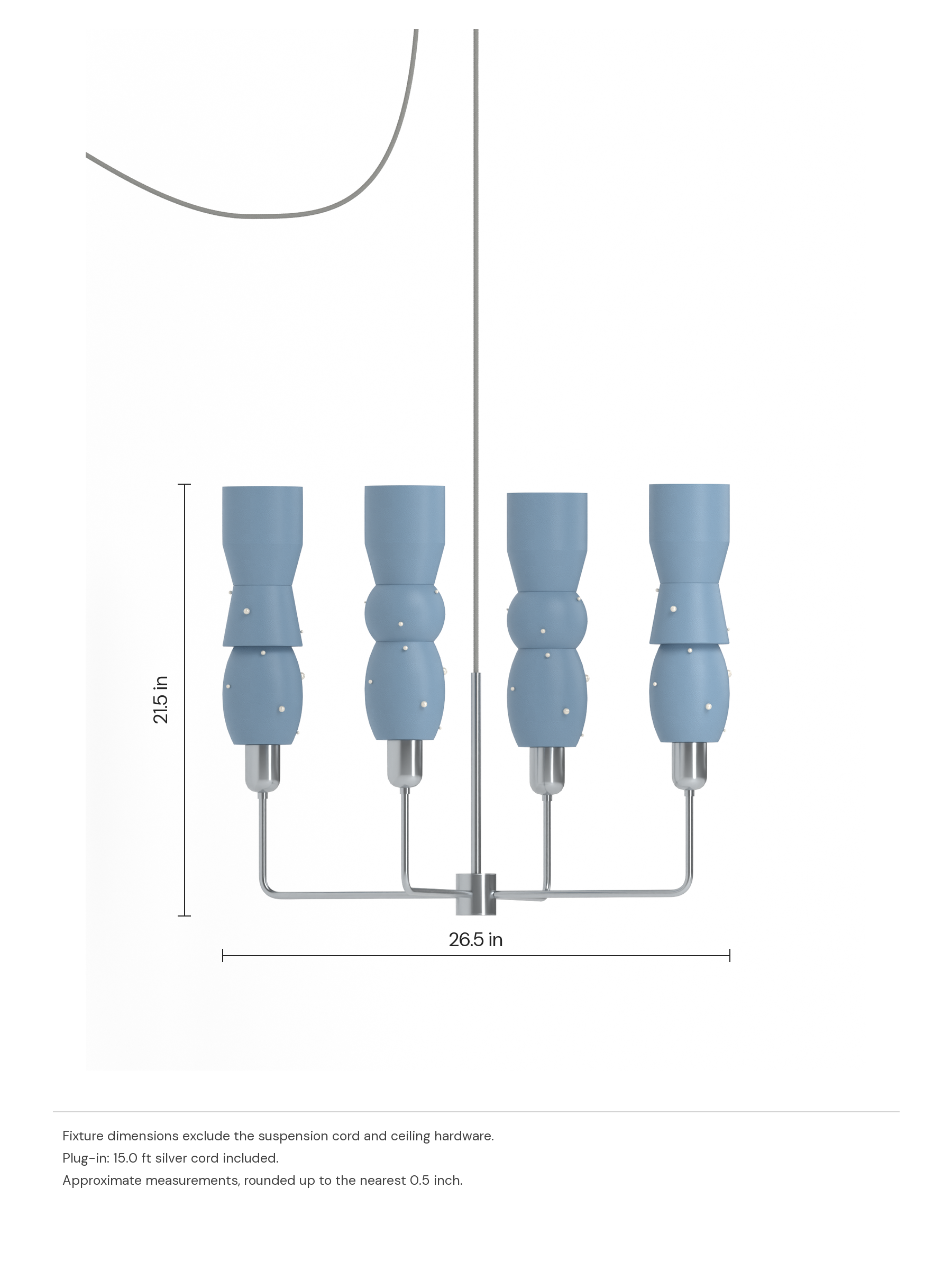 Guest Star Auburn in Twill with Pearl details and nickel hardware and a matching silver cord, plug-in. Dimension drawing: 21.5 in high × 26.5 in wide, excluding flexible cords.