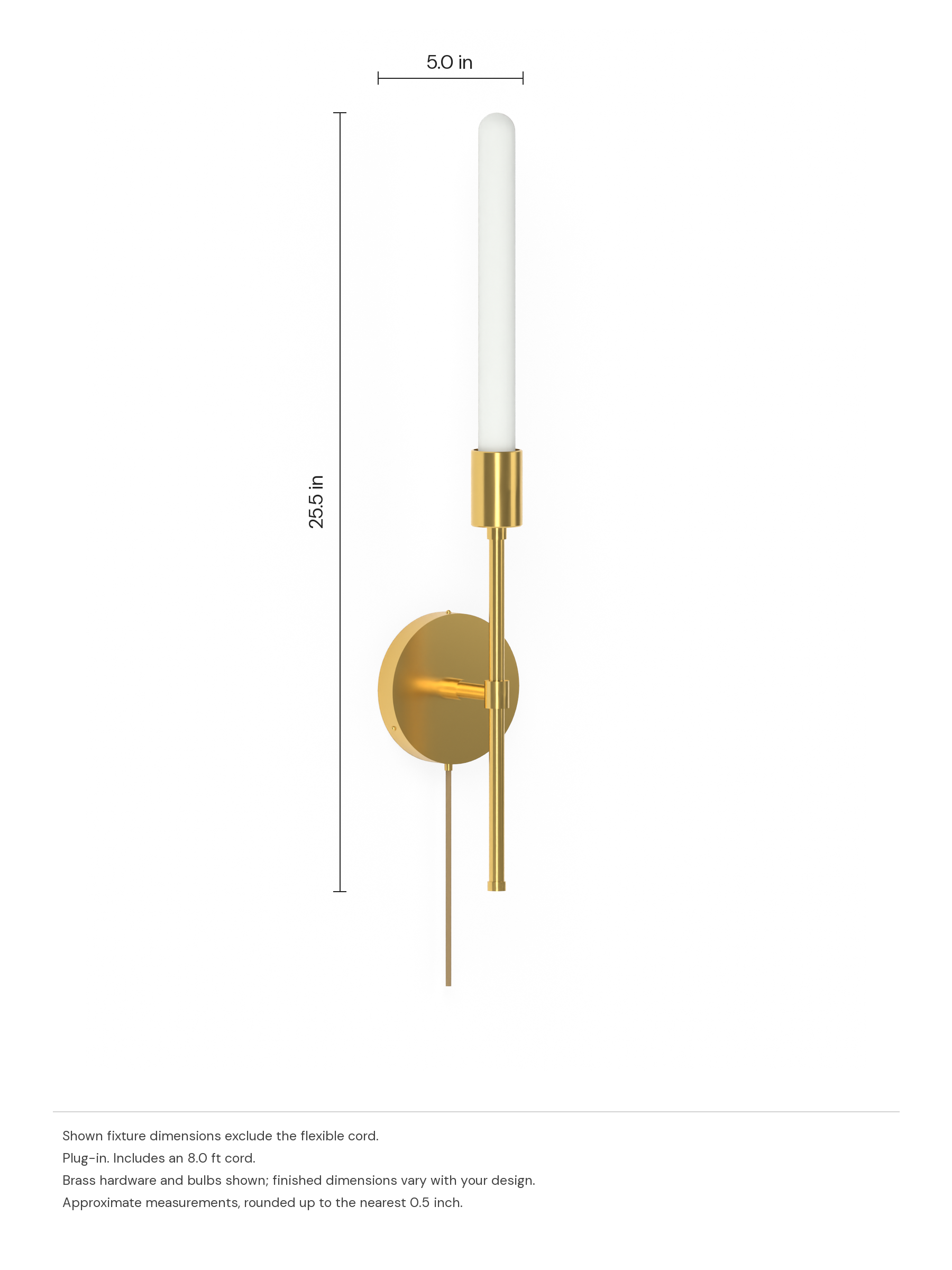 Custom Wallflower with brass hardware and opal bulbs, before adding custom shapes, plug-in. Dimension drawing: 25.5 in high × 5.0 in wide, excluding flexible cords.