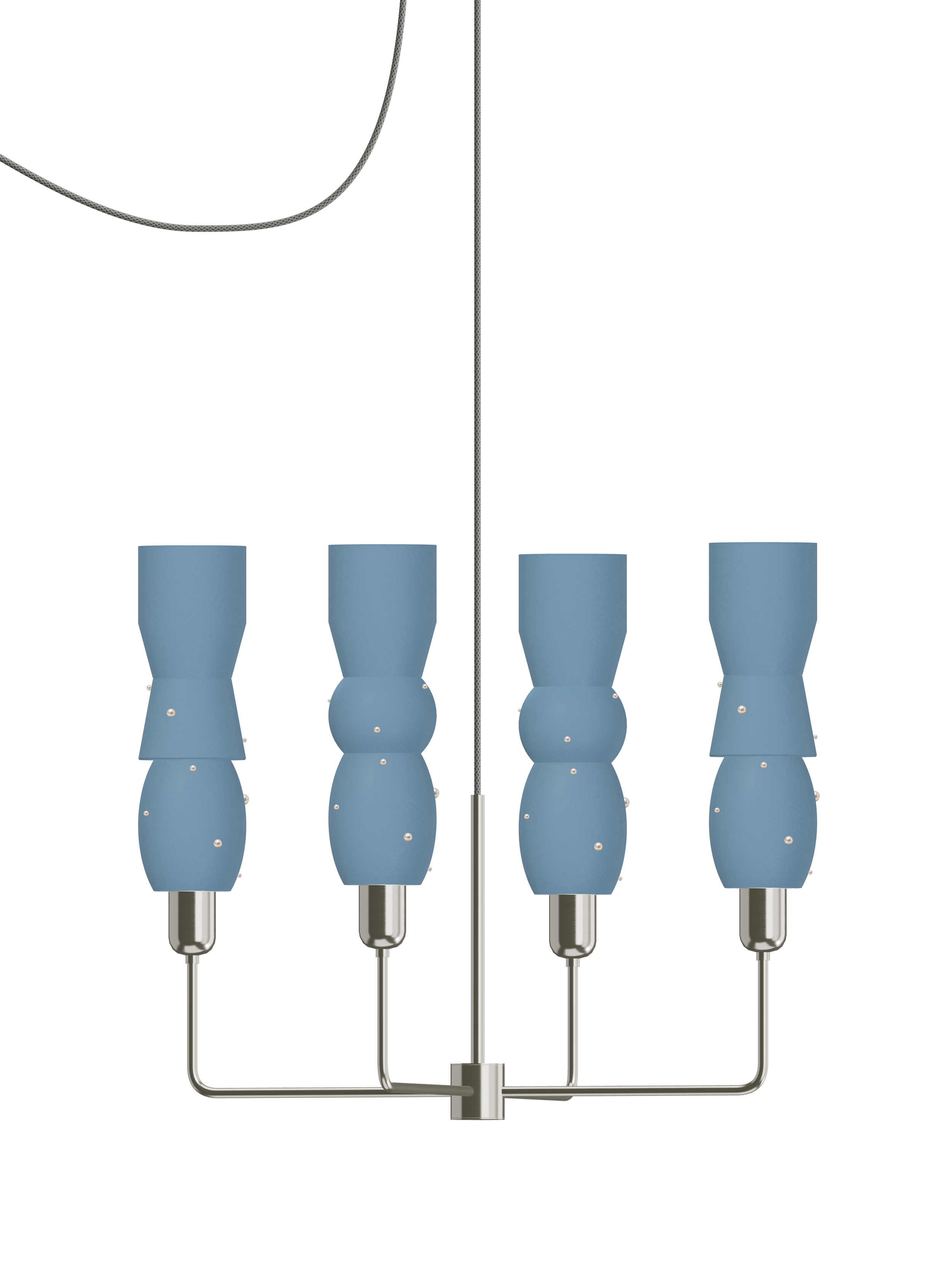Guest Star Auburn four-arm chandelier with blue shapes with pearl details and nickel hardware; plug-in version, light off.