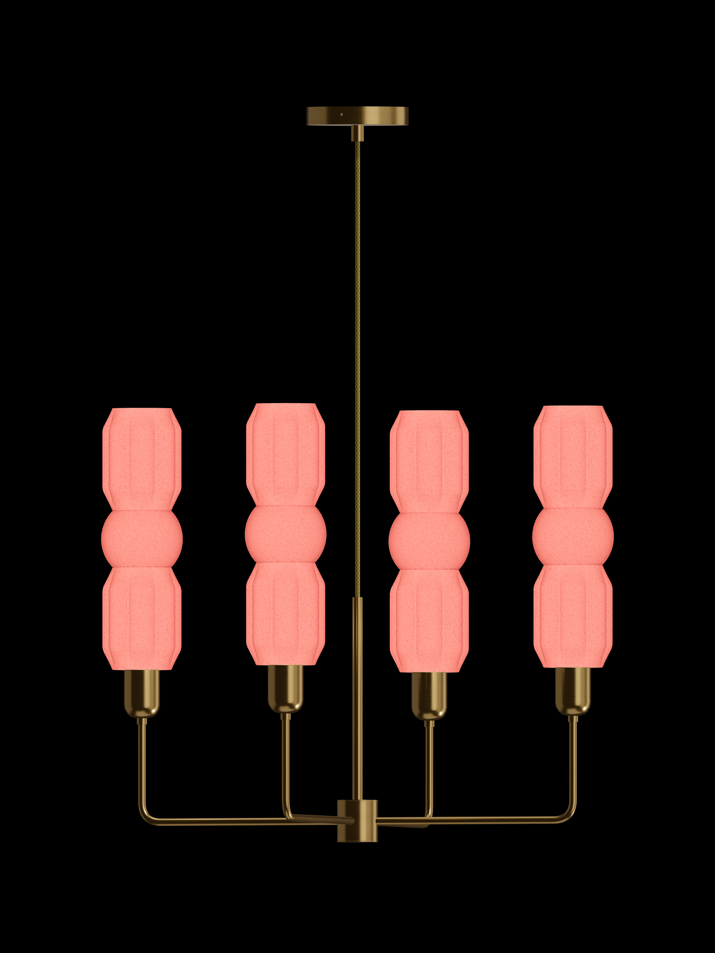Elaine Auburn four-arm chandelier with shapes glowing coral pink and brass hardware; hardwired version.