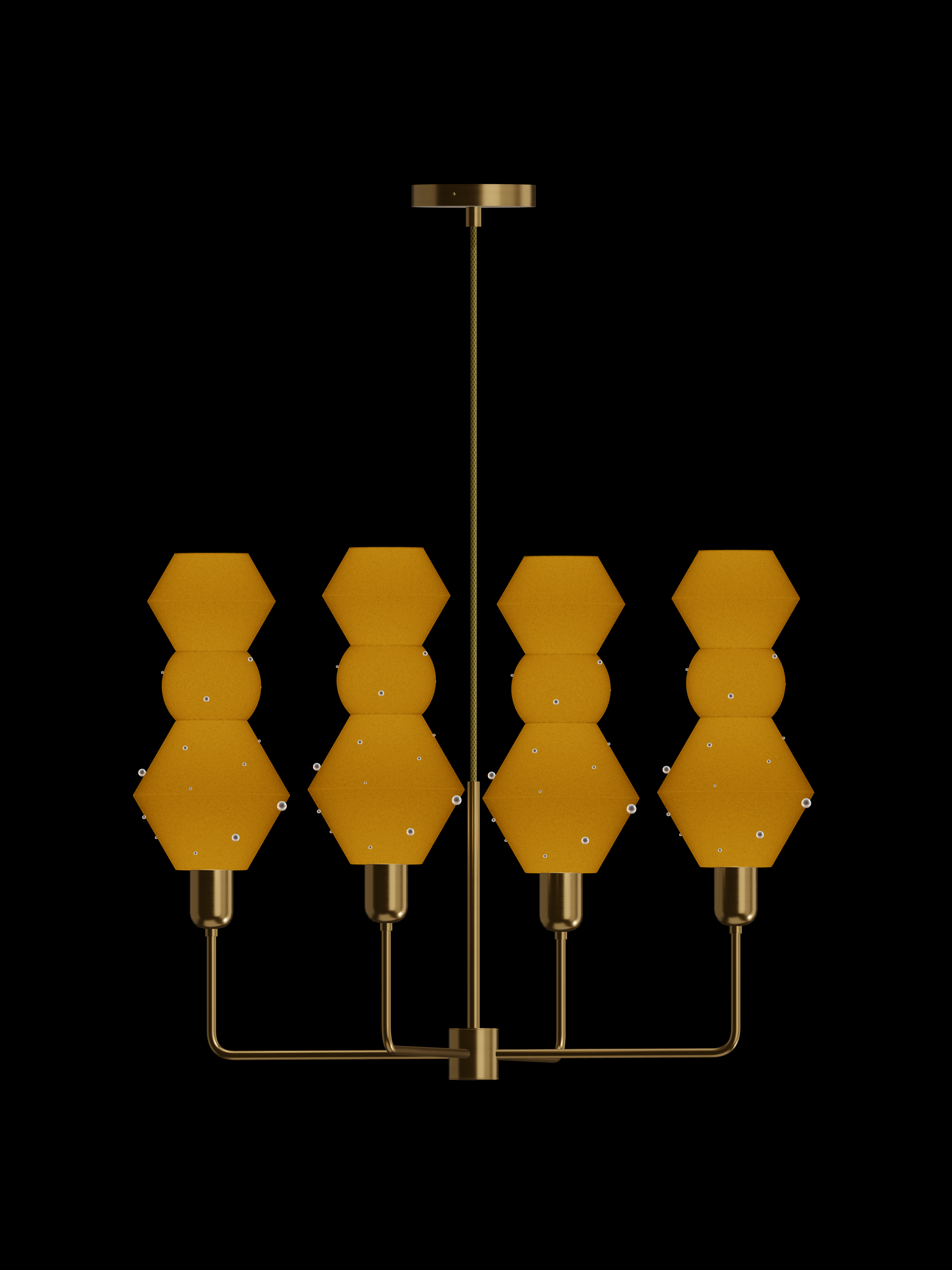 Viv Auburn four-arm chandelier with shapes glowing amber with pearl details and brass hardware; hardwired version.