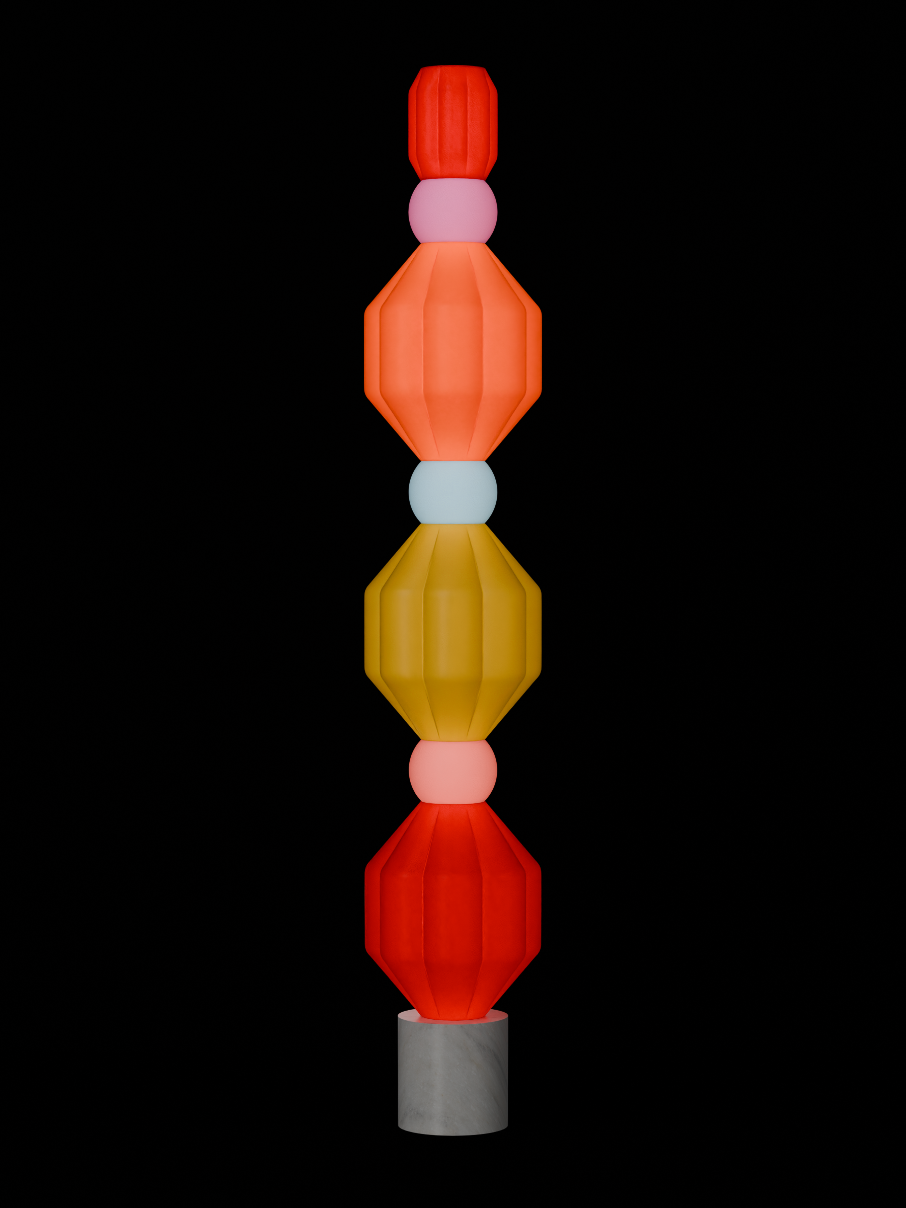 Cinched in Cordovan, Sakura Pink, Monk, Ice Blue, Orange, Lila Purple on a white marble drum base, plug-in, light on.