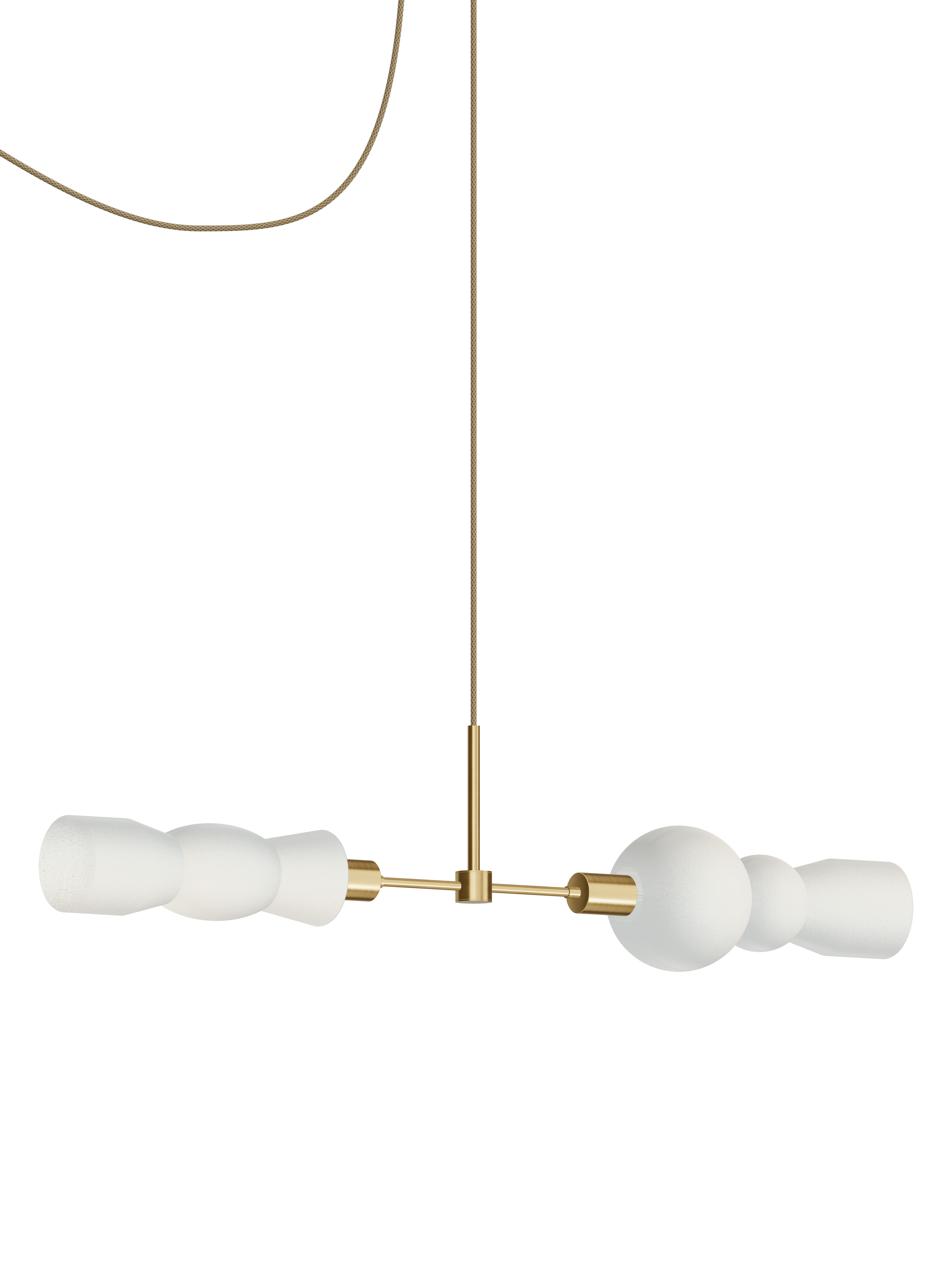 Cord Eavesdropper horizontal pendant with off-white shapes and brass hardware; plug-in version, light off.