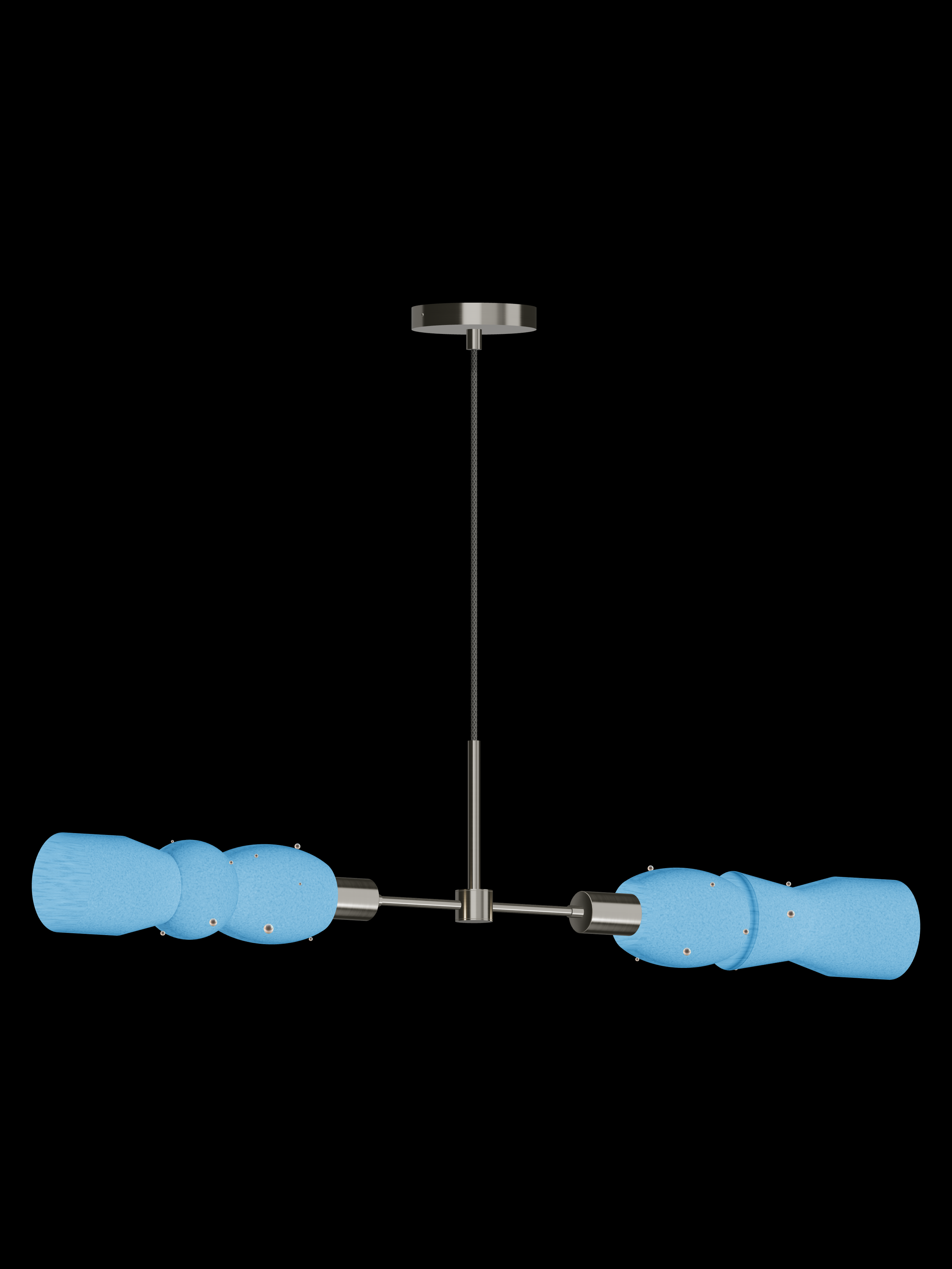 Guest Star Eavesdropper horizontal pendant with glowing blue shapes with pearl details and nickel hardware; hardwired version.
