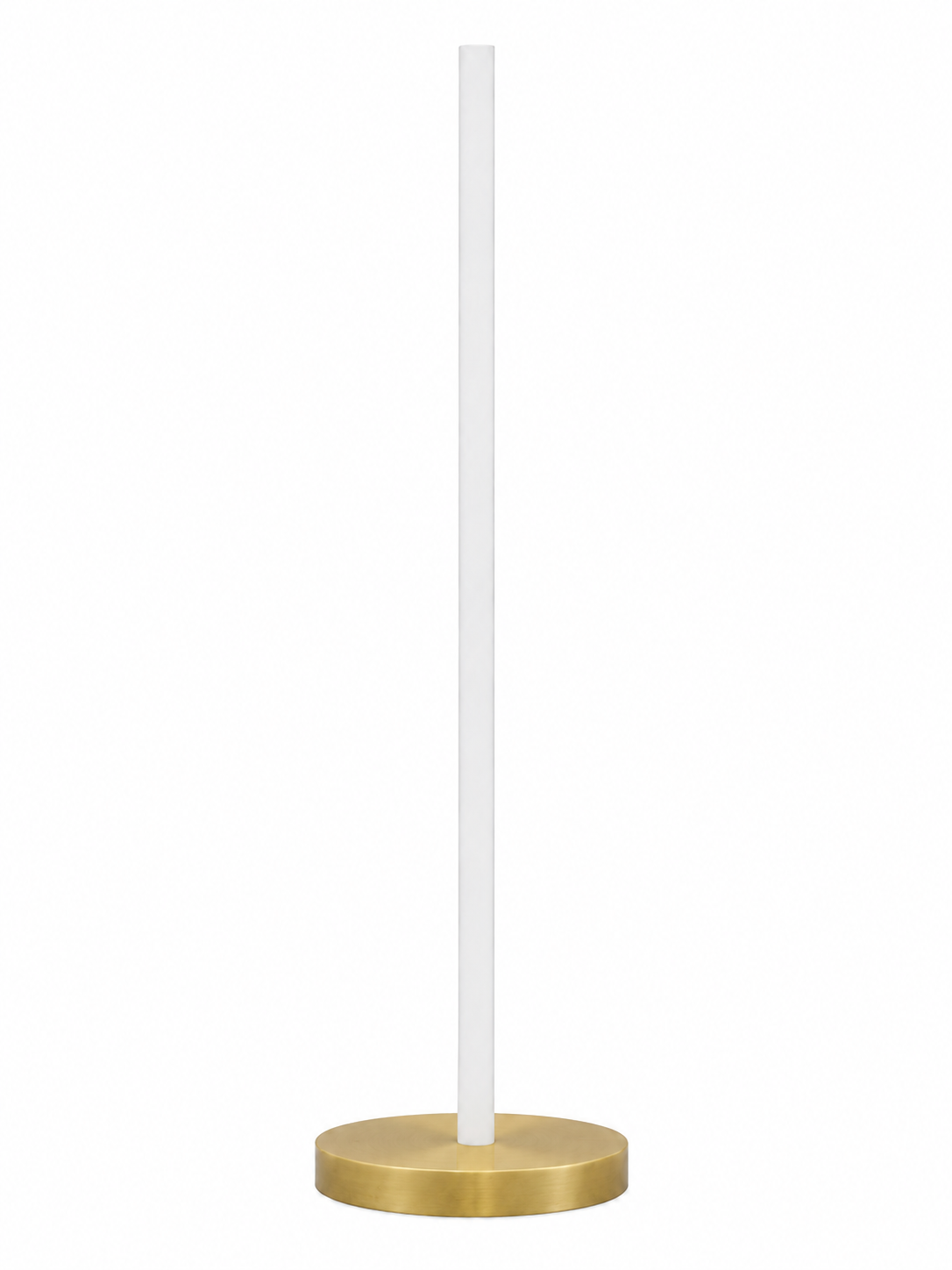 Eldon Trace Column lamp in brass, a warm white lit column on a round brass disc base.