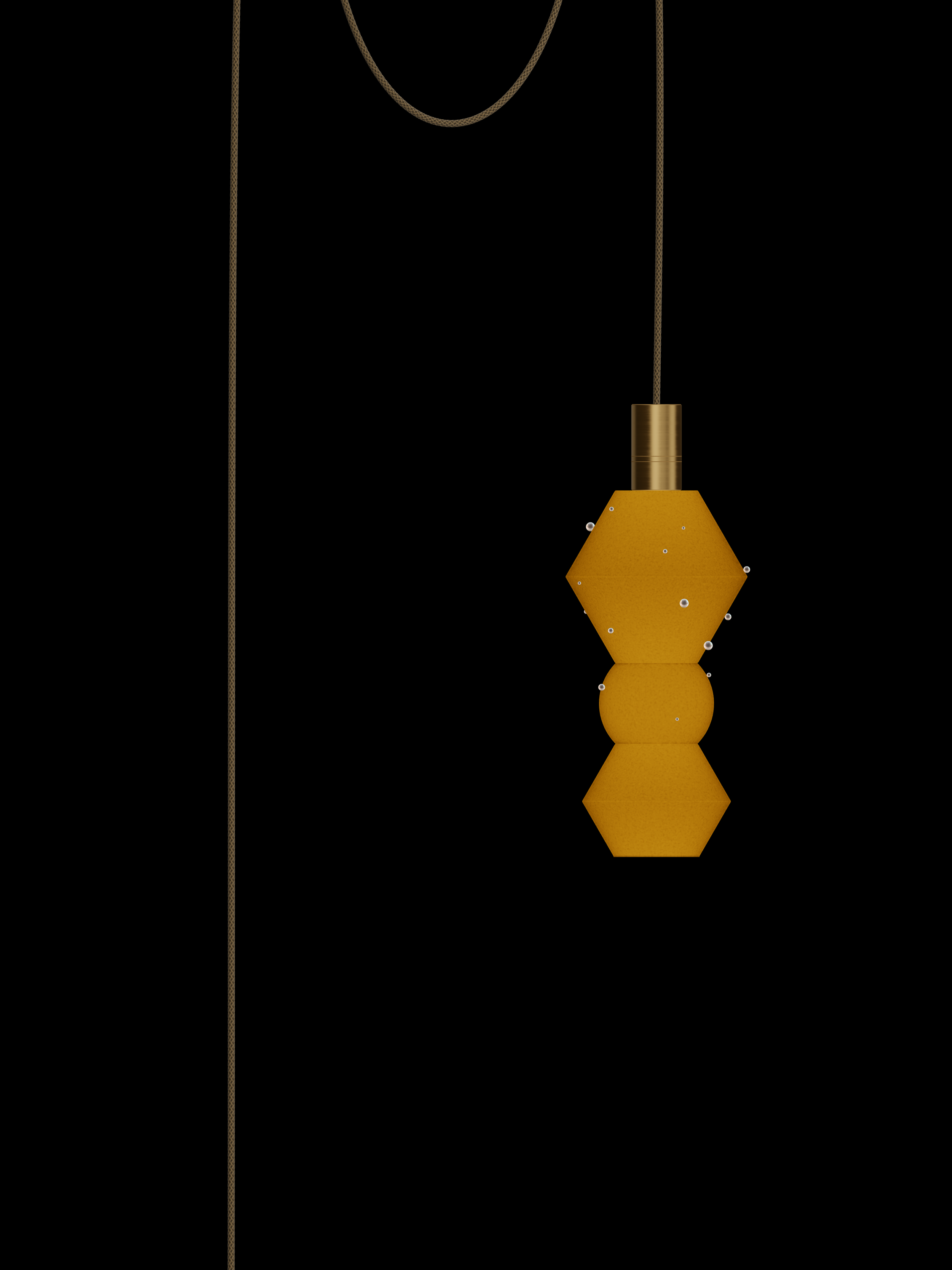Viv Quiche single pendant with shapes glowing amber with pearl details and brass hardware; plug-in version.
