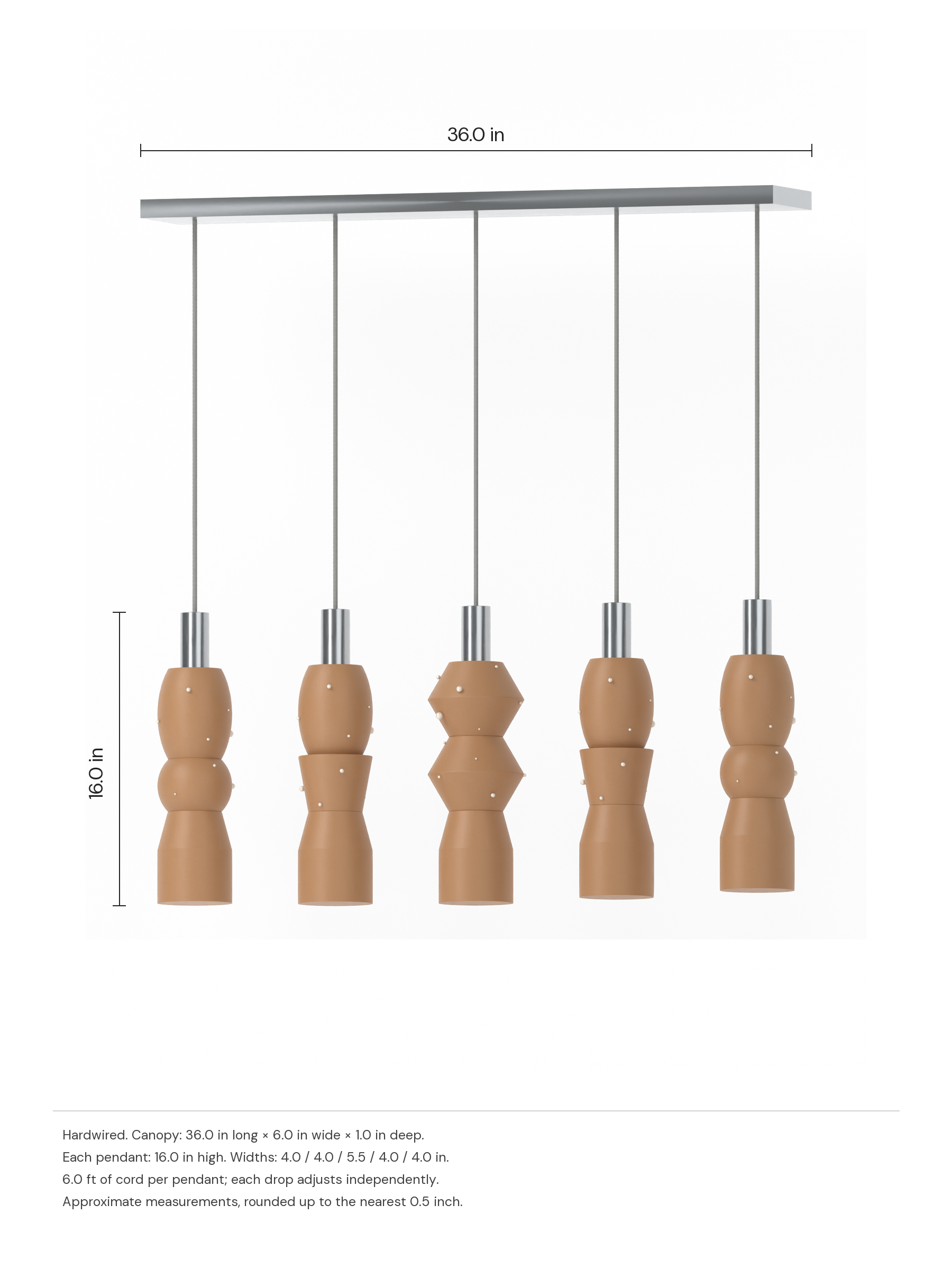 Scar Runway 5 in Frosted Brown with Pearl details with nickel hardware, hardwired. Dimension drawing: 36.0 in canopy, 16.0 in pendant height.