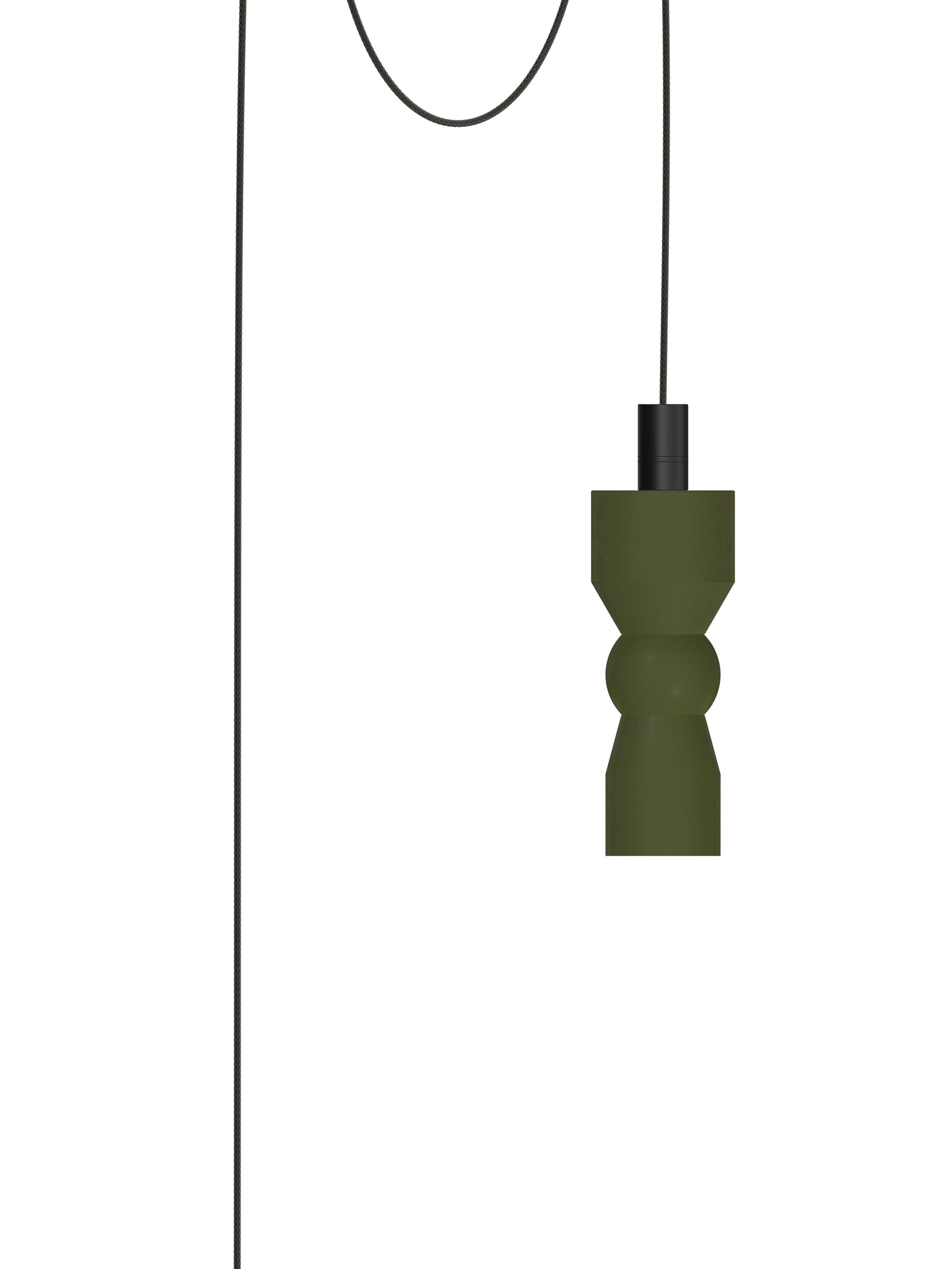 Major Quiche single pendant with dark green shapes and black hardware; plug-in version, light off.