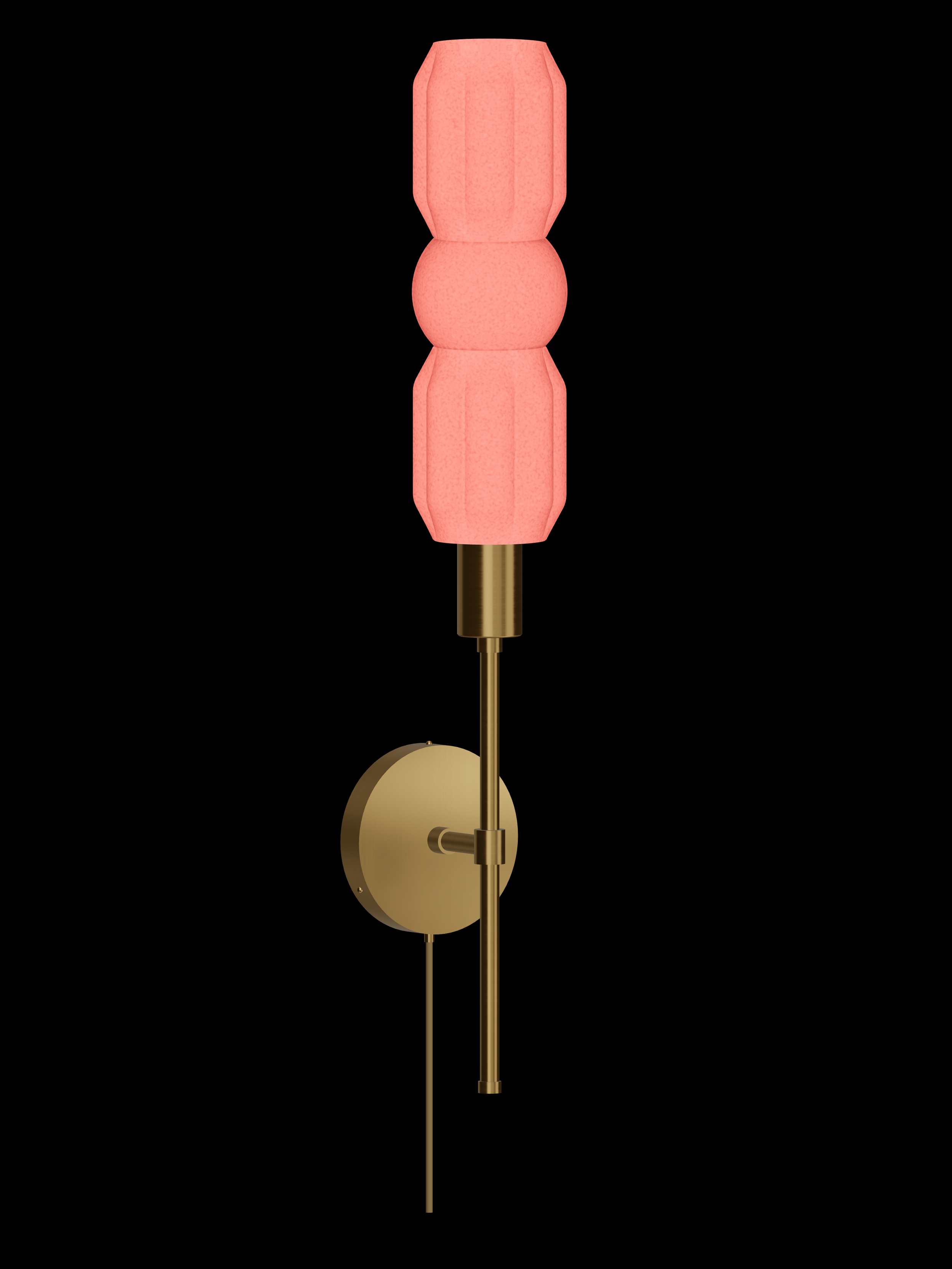Elaine Wallflower upright wall sconce with shapes glowing coral pink and brass hardware; plug-in version.