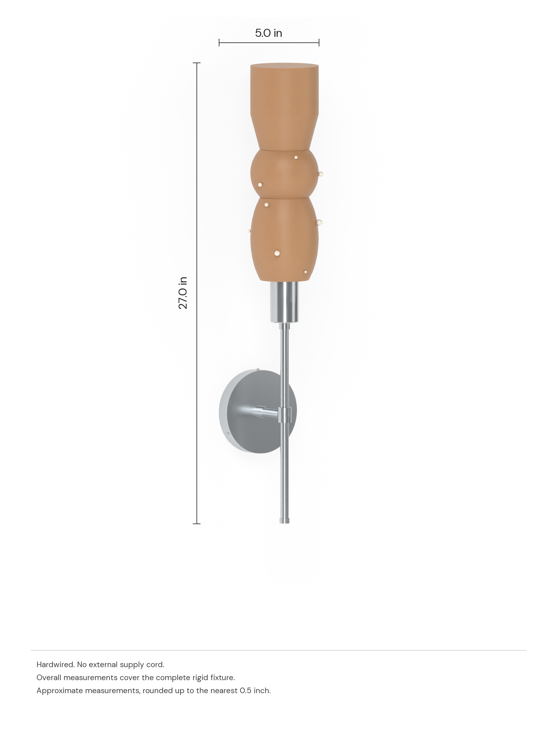 Scar Wallflower, hardwired. Dimension drawing: 27.0 in high × 5.0 in wide. Measurements rounded upward to the nearest 0.5 inch.