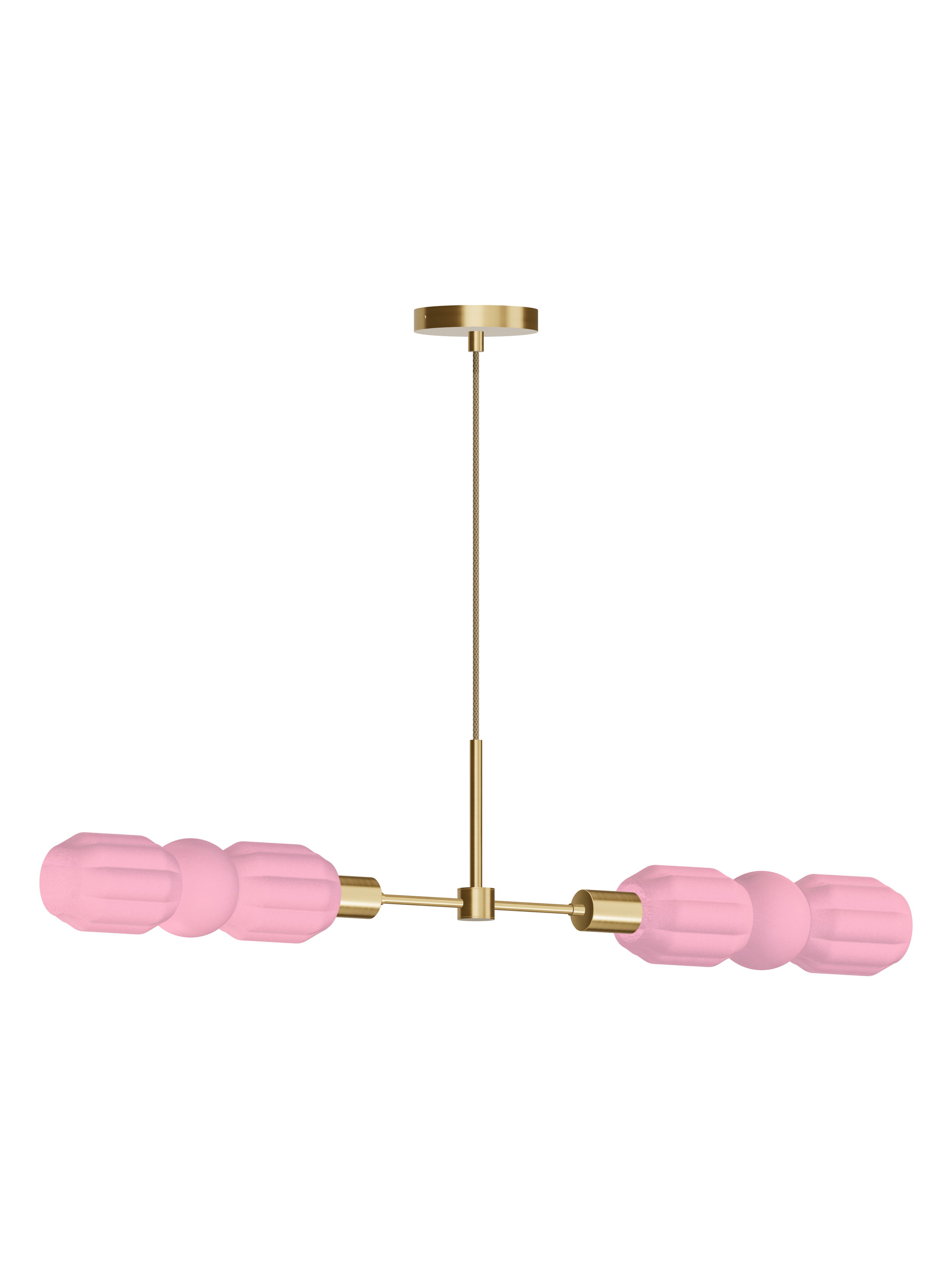 Elaine Eavesdropper horizontal pendant with pink shapes and brass hardware; hardwired version, light off.