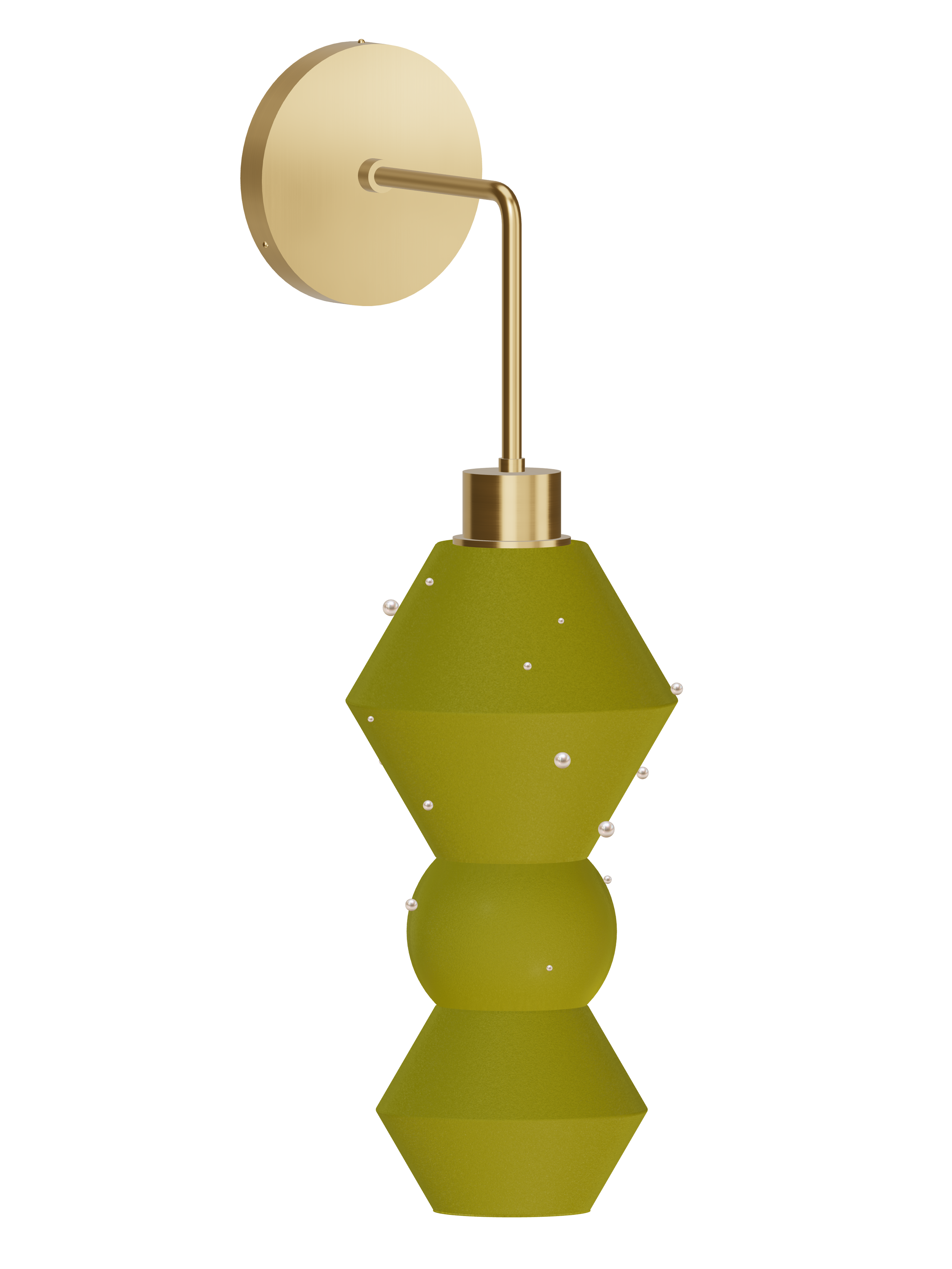 Viv Drop Out wall sconce with a hanging stack with yellow-green shapes with pearl details and brass hardware; hardwired version, light off.