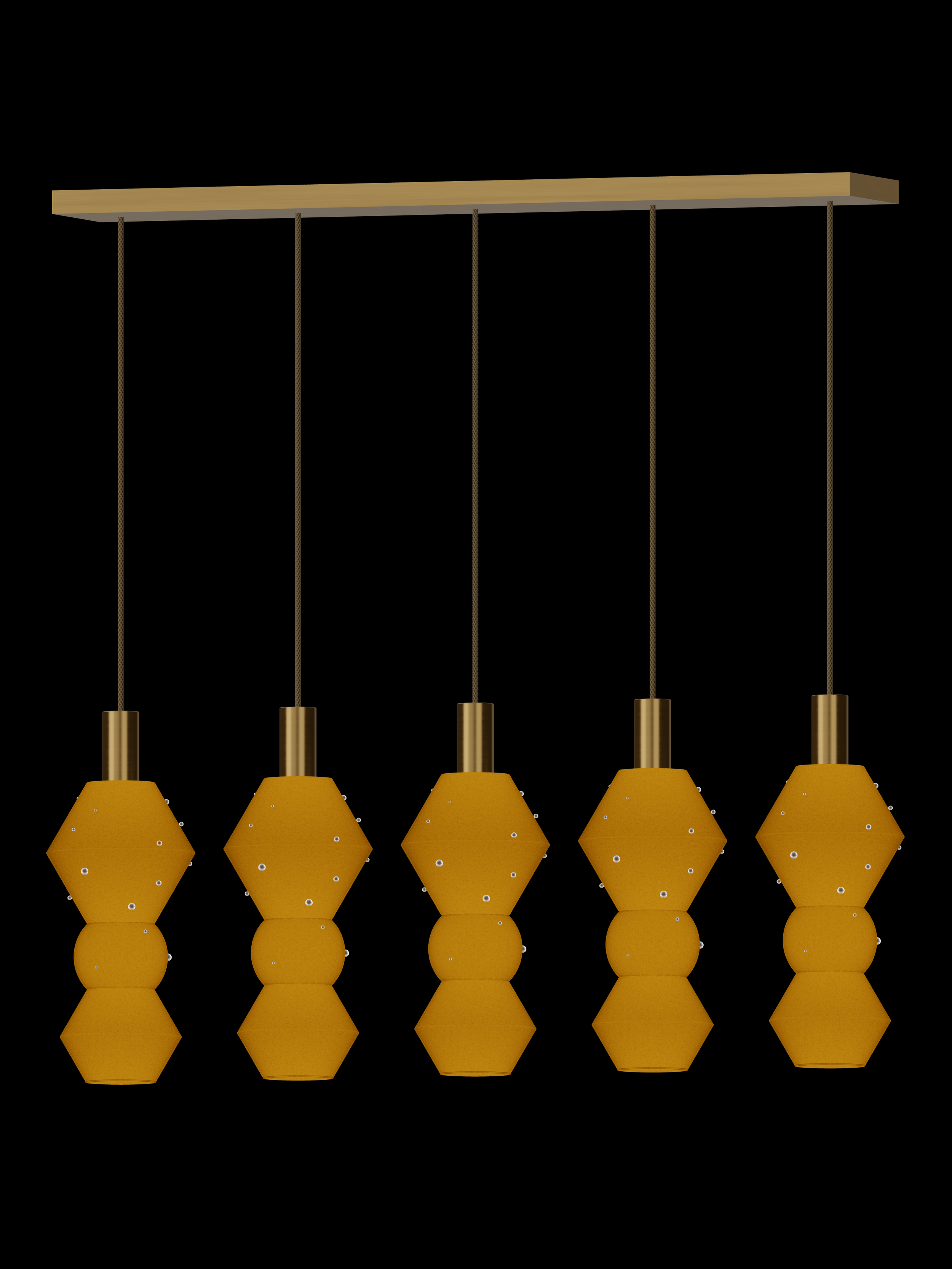 Viv Runway 5 five-pendant light with shapes glowing amber with pearl details and brass hardware; hardwired version.
