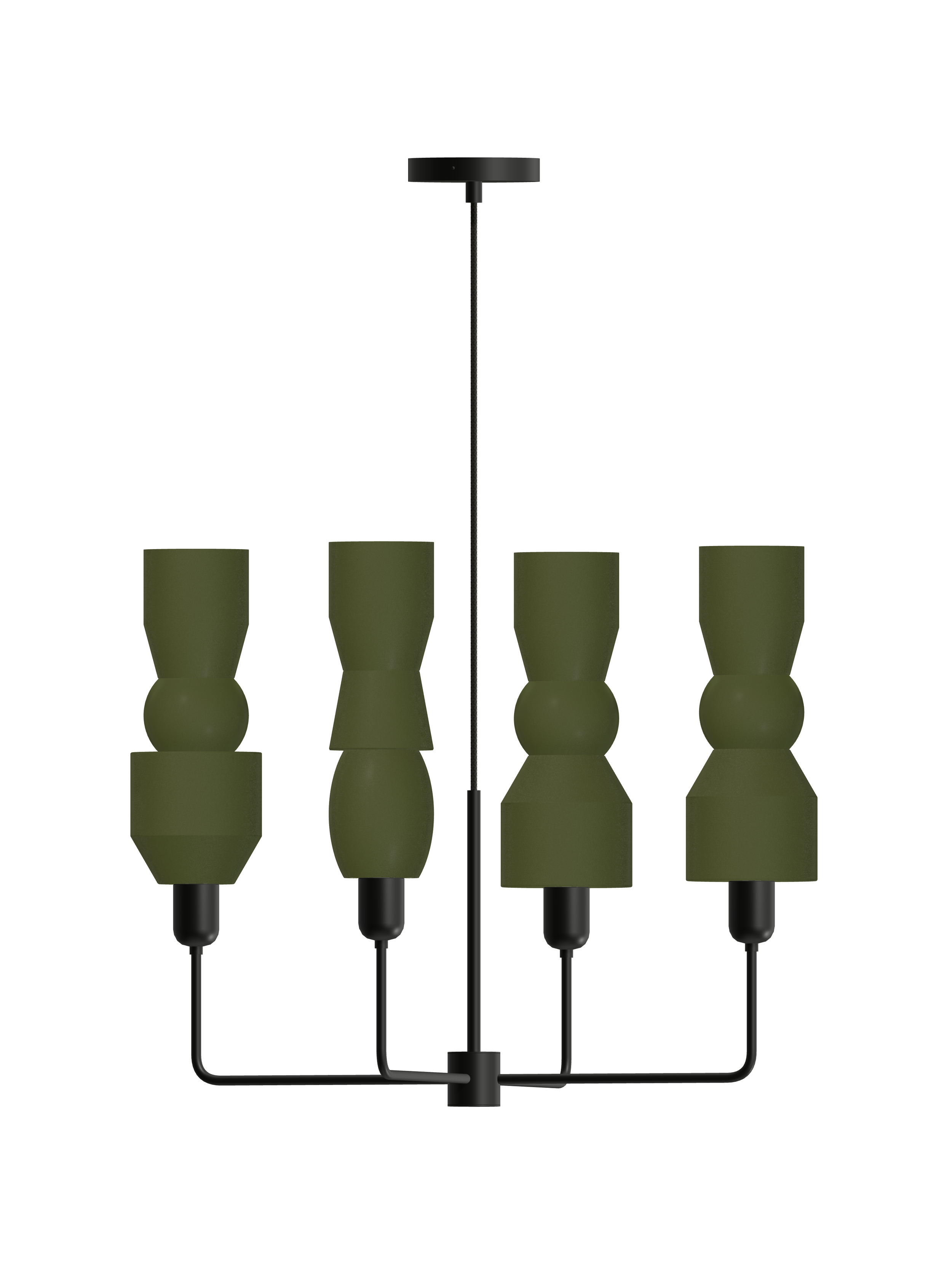 Major Auburn four-arm chandelier with dark green shapes and black hardware; hardwired version, light off.