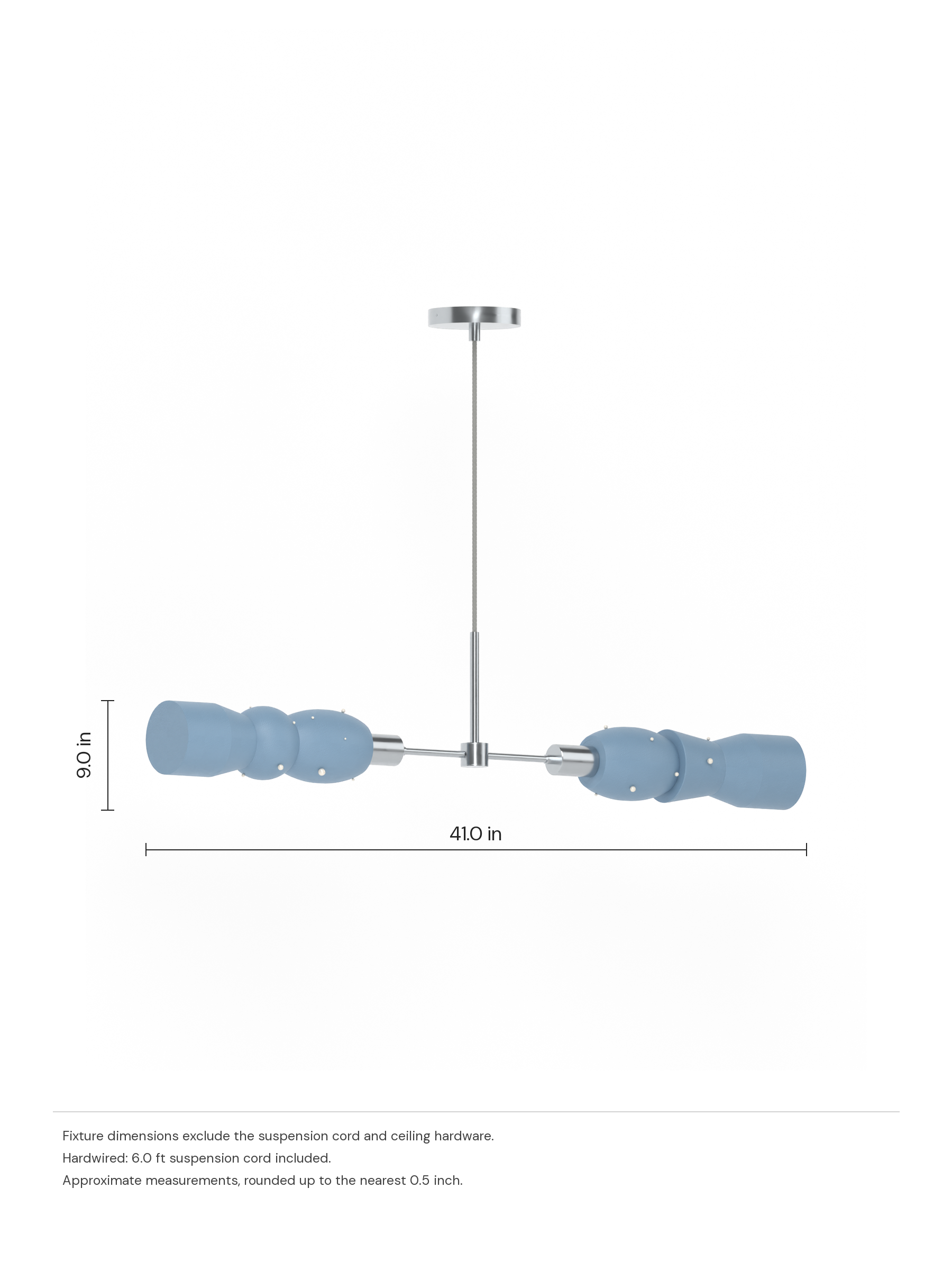 Guest Star Eavesdropper in Twill with Pearl details with nickel hardware, hardwired. Dimension drawing: 9.0 in high × 41.0 in wide, excluding flexible cords.