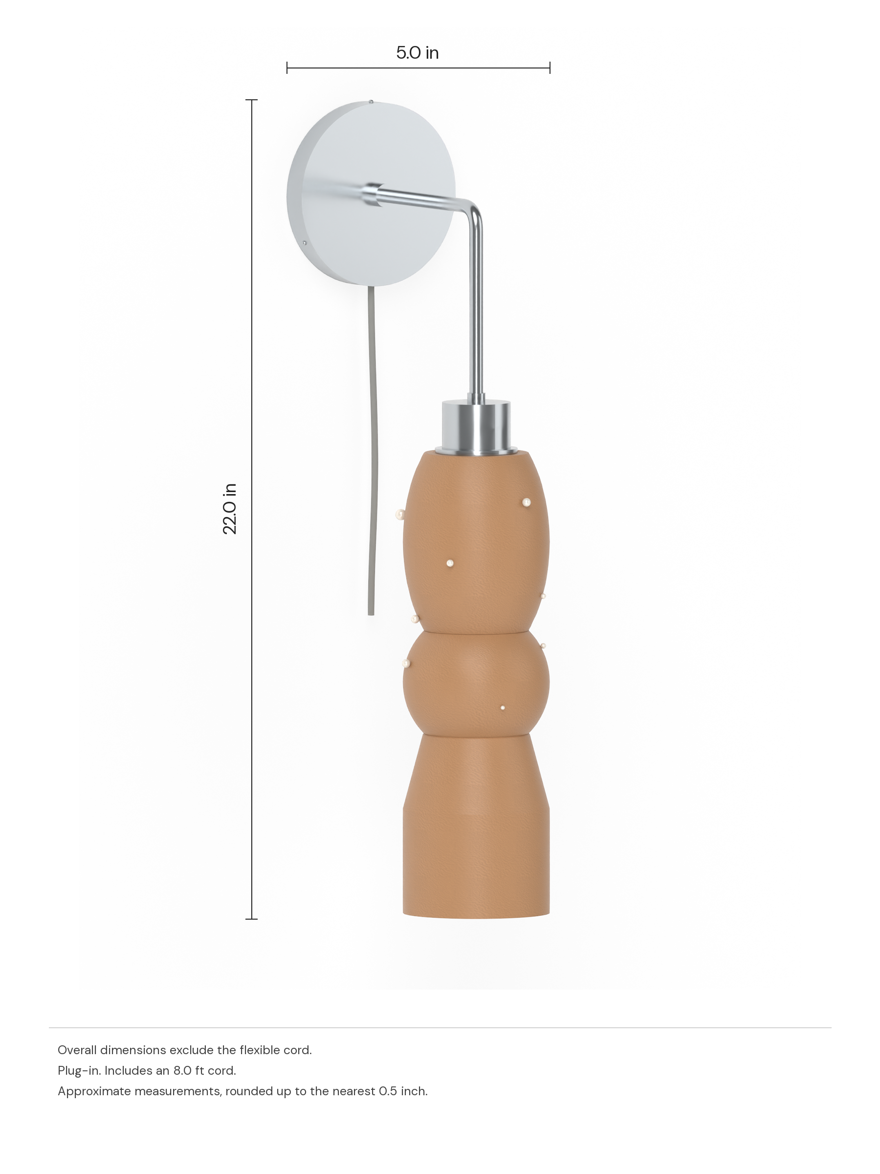 Scar Drop Out in Frosted Brown with Pearl details with nickel hardware, plug-in. Dimension drawing: 22.0 in high × 5.0 in wide, excluding flexible cords.