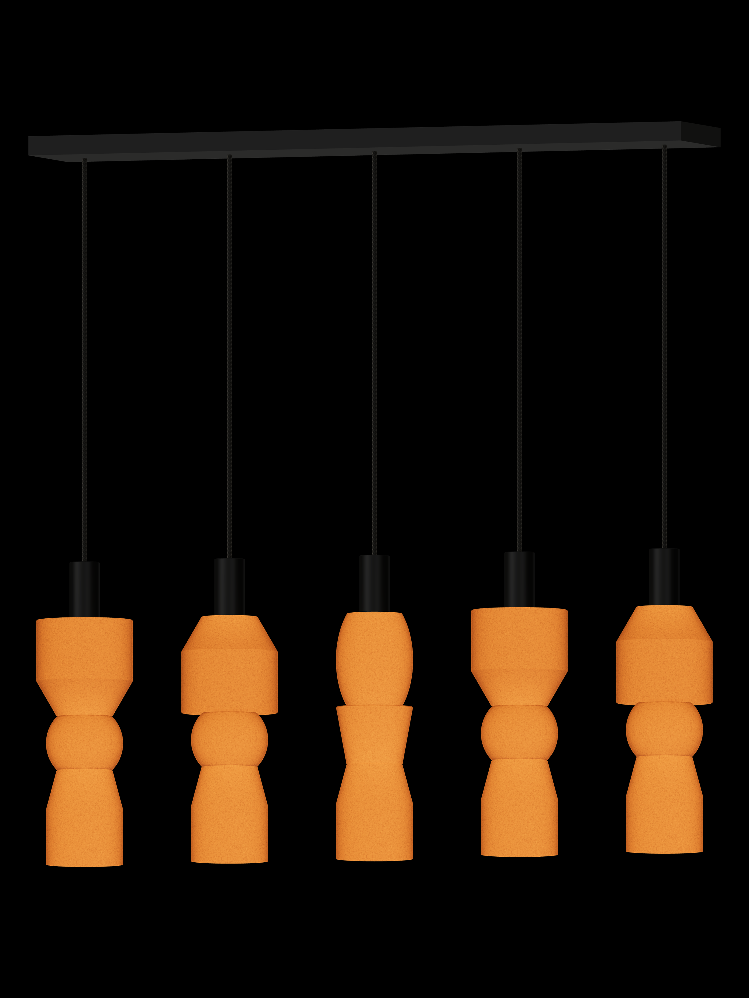 Major Runway 5 five-pendant light with shapes glowing orange and black hardware; hardwired version.