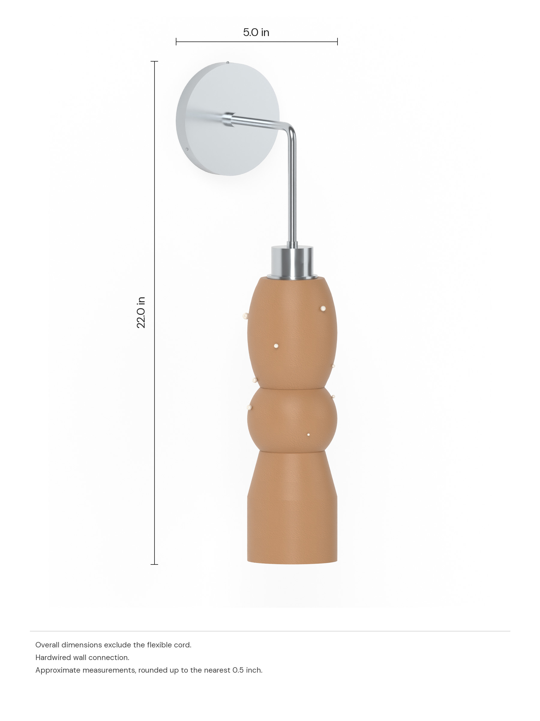 Scar Drop Out in Frosted Brown with Pearl details with nickel hardware, hardwired. Dimension drawing: 22.0 in high × 5.0 in wide, excluding flexible cords.