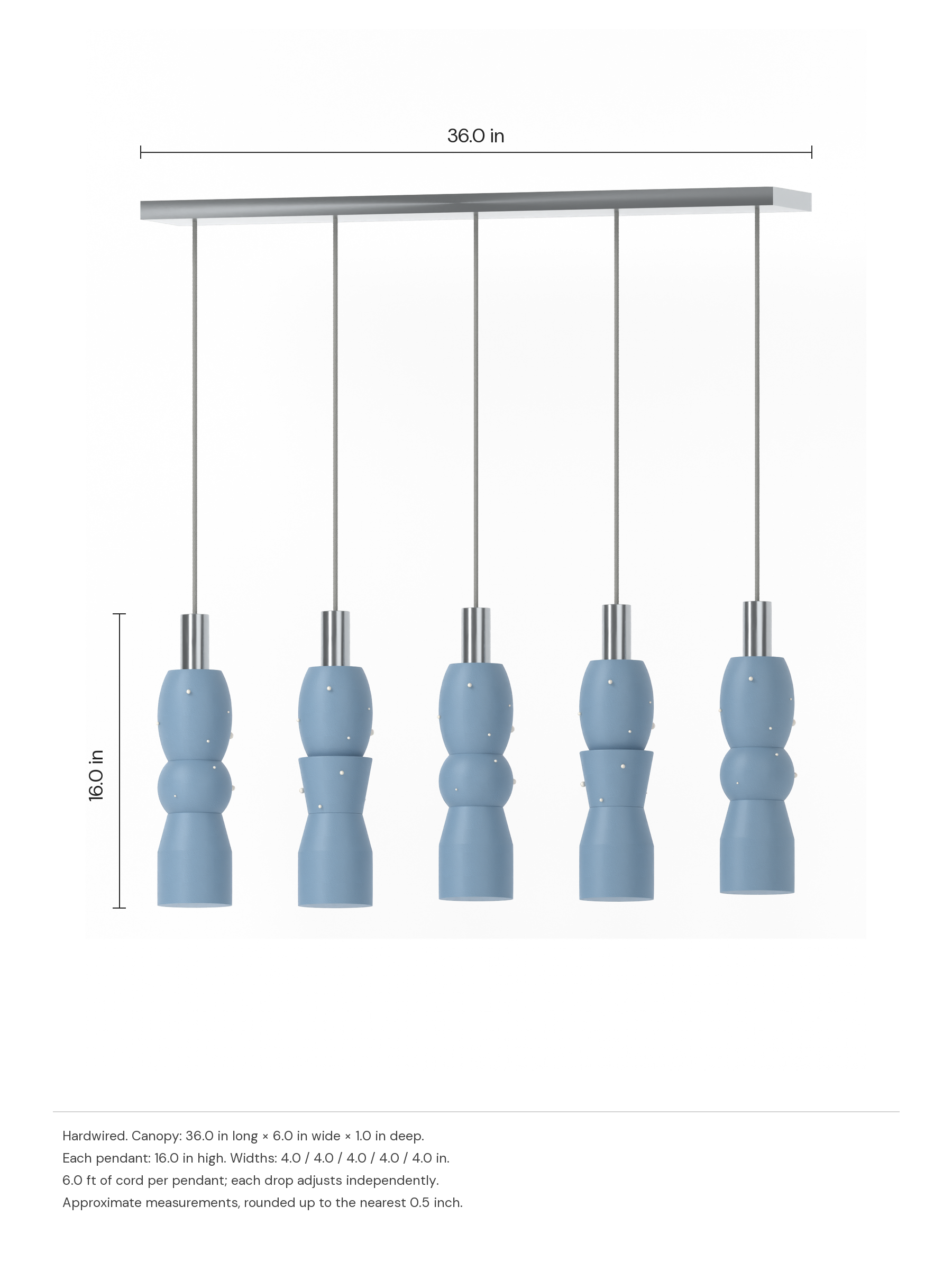 Guest Star Runway 5 in Twill with Pearl details with nickel hardware, hardwired. Dimension drawing: 36.0 in canopy, 16.0 in pendant height.