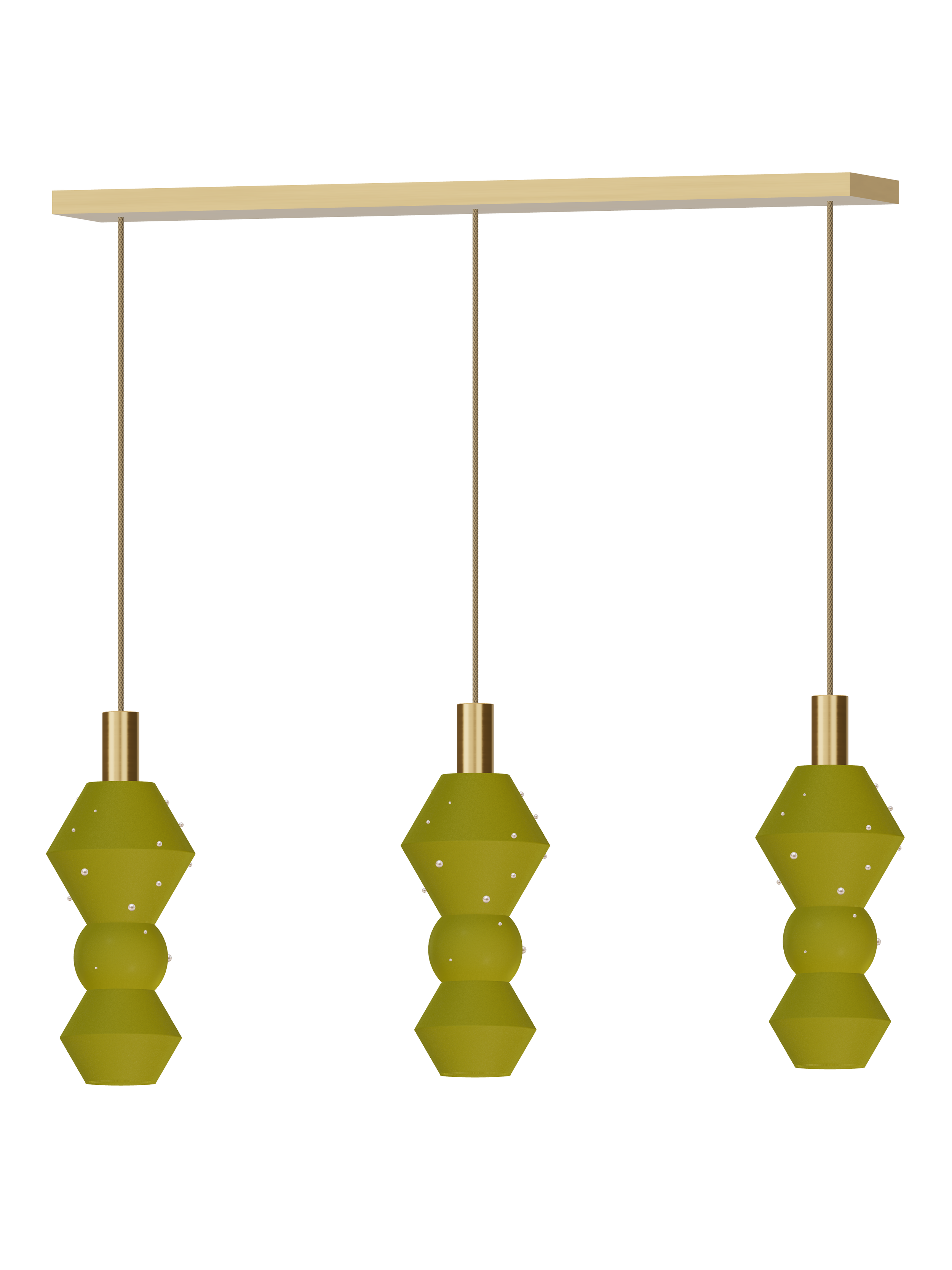 Viv Runway 3 three-pendant light with yellow-green shapes with pearl details and brass hardware; hardwired version, light off.