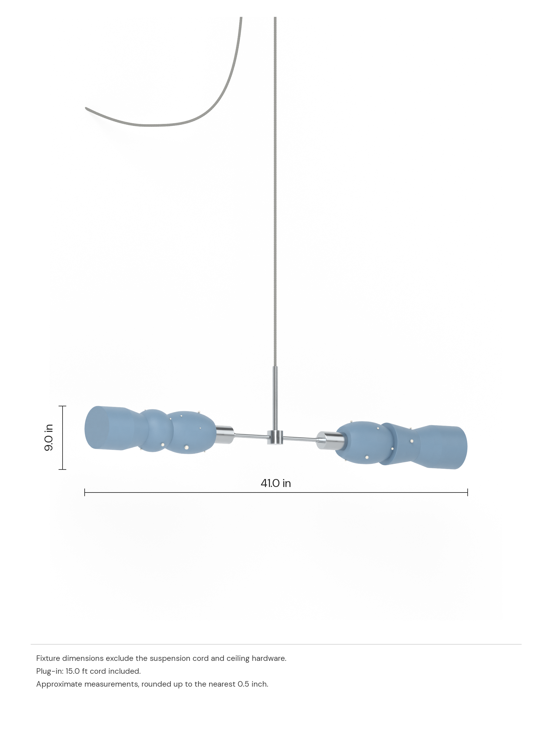 Guest Star Eavesdropper in Twill with Pearl details with nickel hardware, plug-in. Dimension drawing: 9.0 in high × 41.0 in wide, excluding flexible cords.