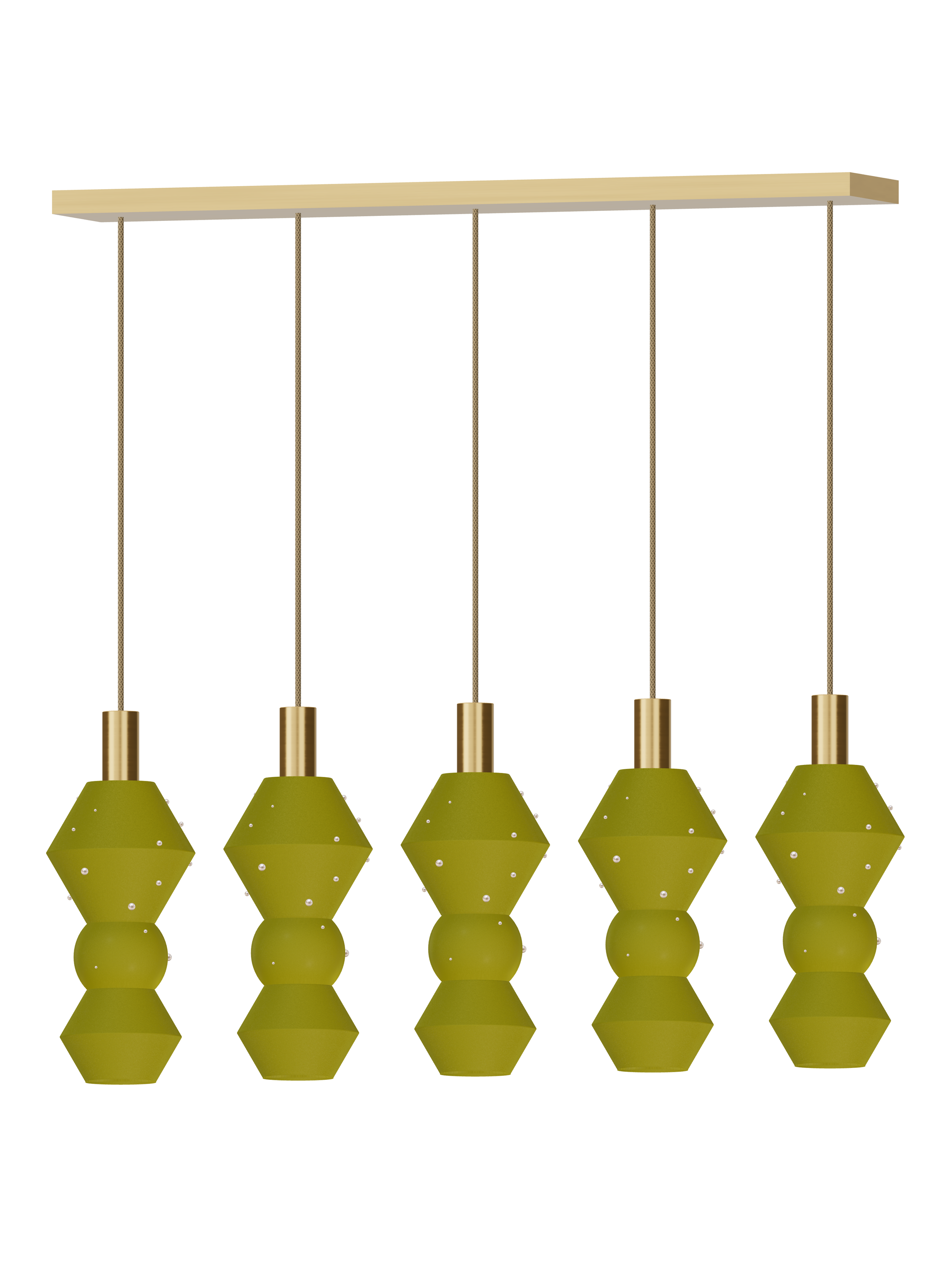 Viv Runway 5 five-pendant light with yellow-green shapes with pearl details and brass hardware; hardwired version, light off.