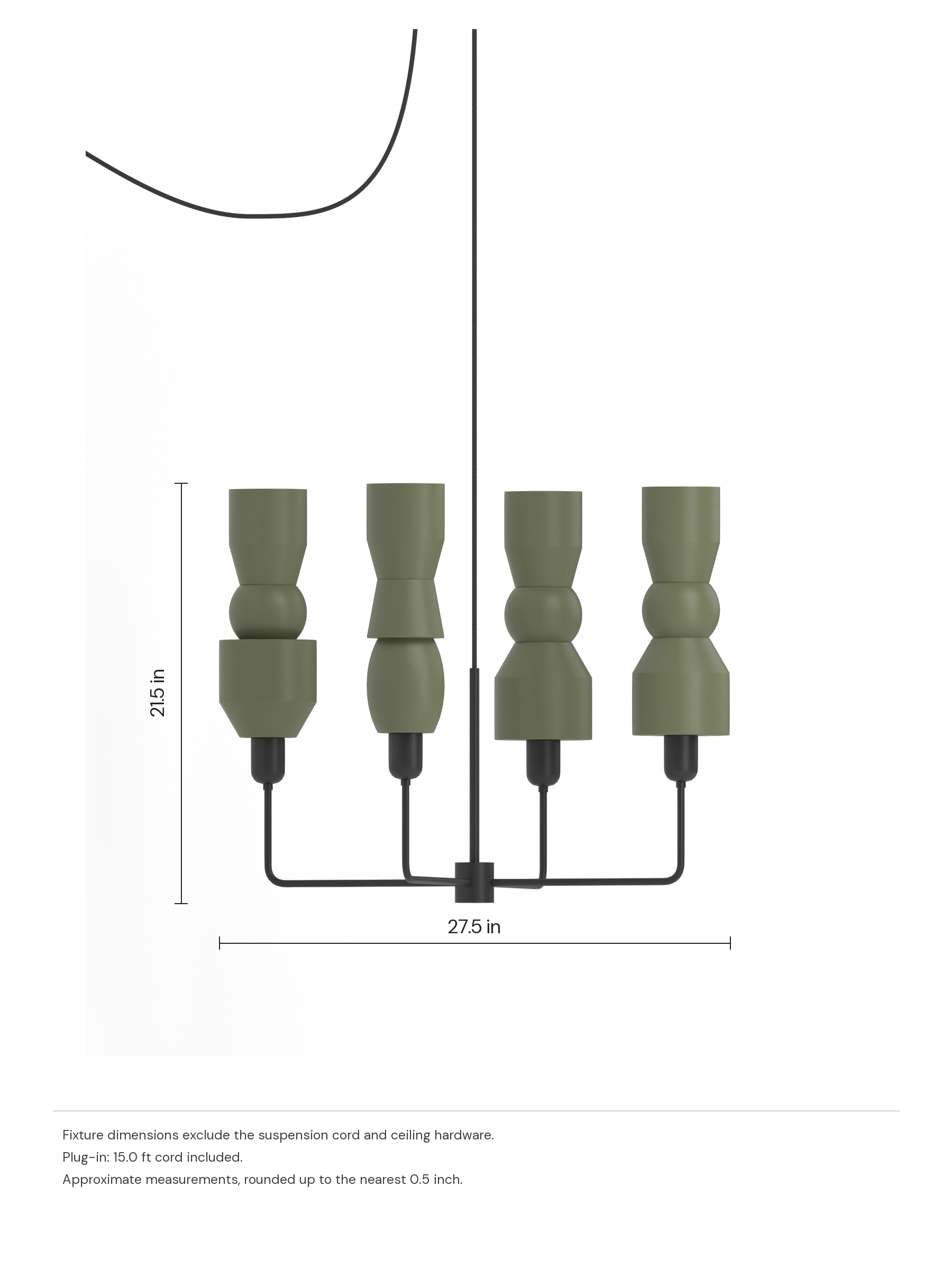 Major Auburn in Dark Green with black hardware, plug-in. Dimension drawing: 21.5 in high × 27.5 in wide, excluding flexible cords.