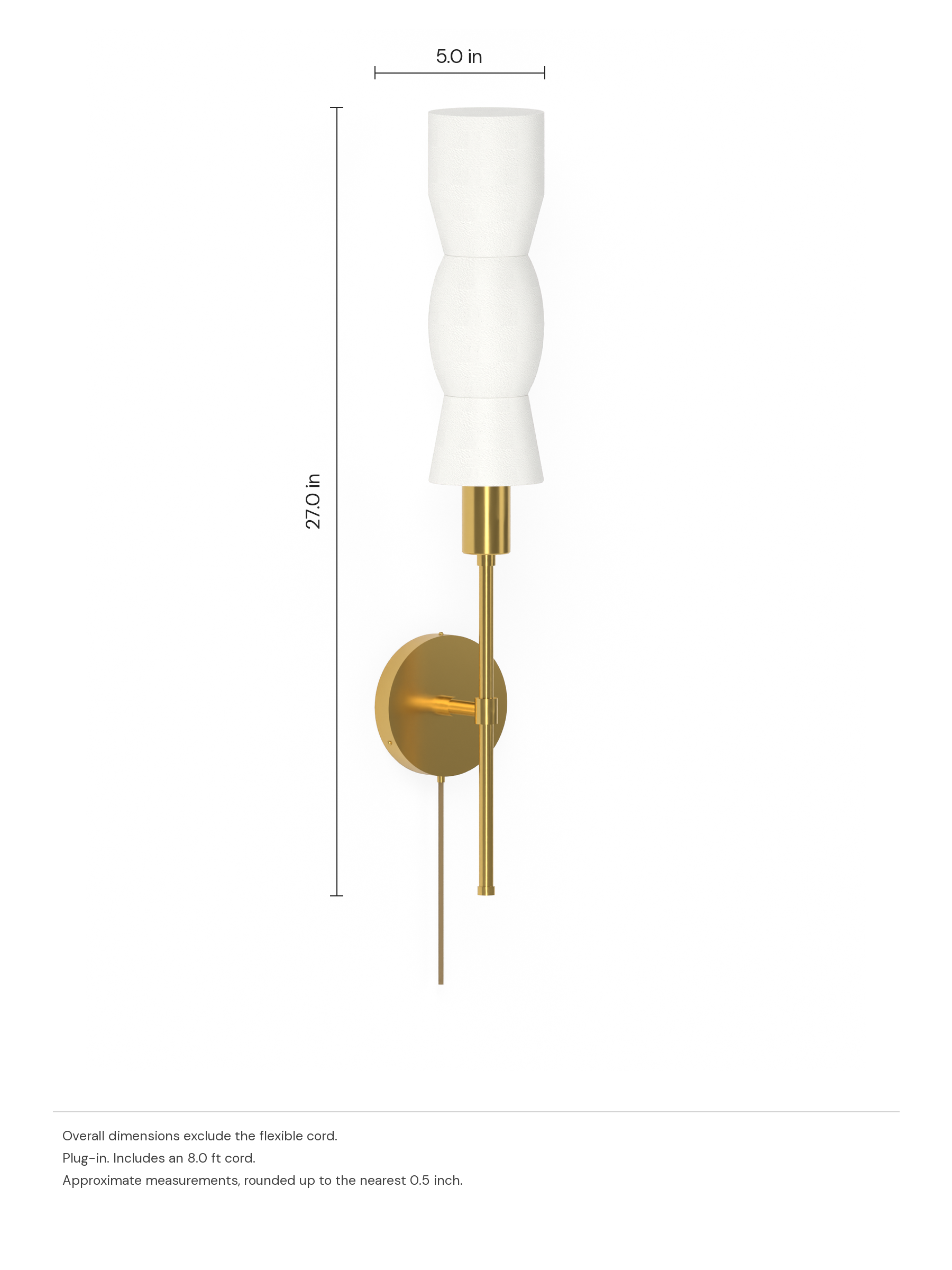 Cord Wallflower in Linen with brass hardware, plug-in. Dimension drawing: 27.0 in high × 5.0 in wide, excluding flexible cords.