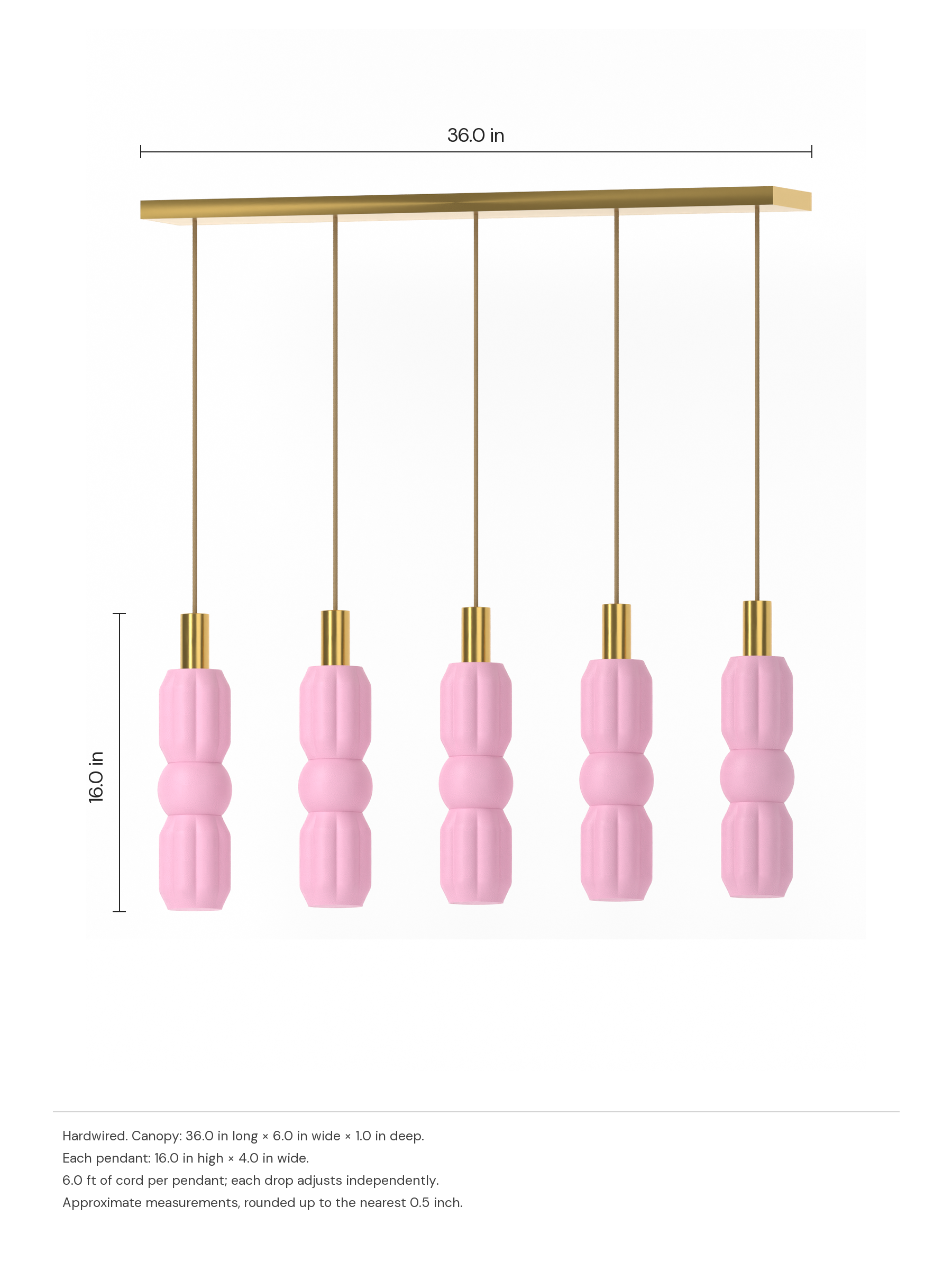 Elaine Runway 5 in Sakura Pink with brass hardware, hardwired. Dimension drawing: 36.0 in canopy, 16.0 in pendant height.