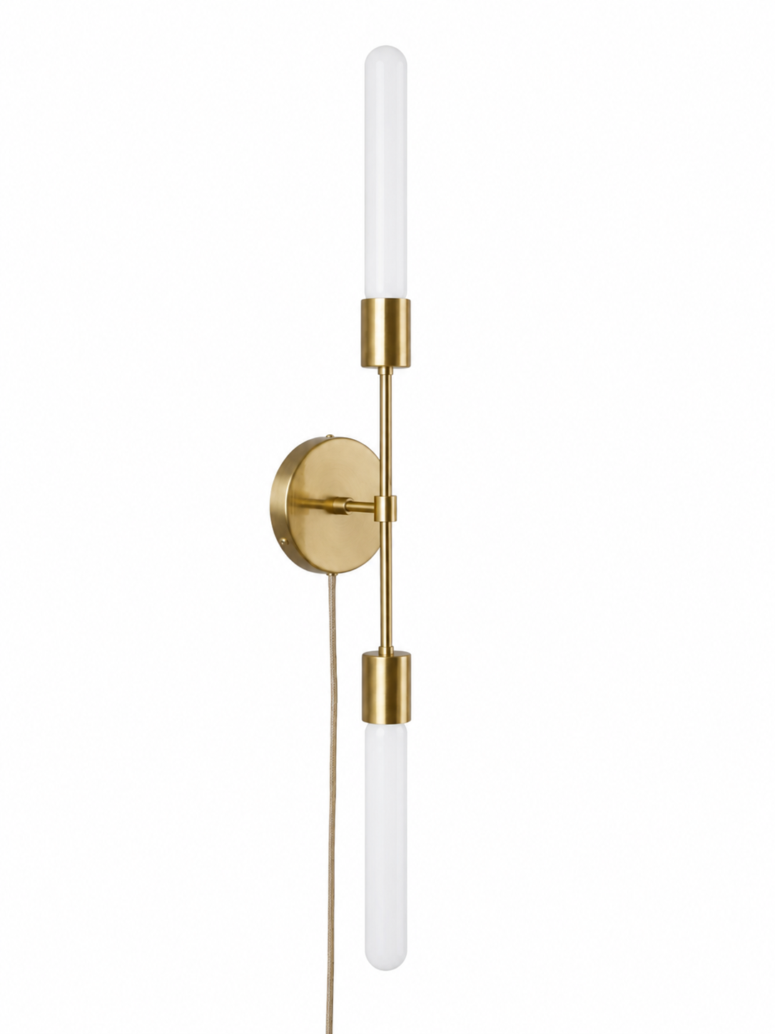 Eldon Trace Plus One double sconce in brass, two bare bulbs on a slim arm with a round wall canopy and plug-in cord