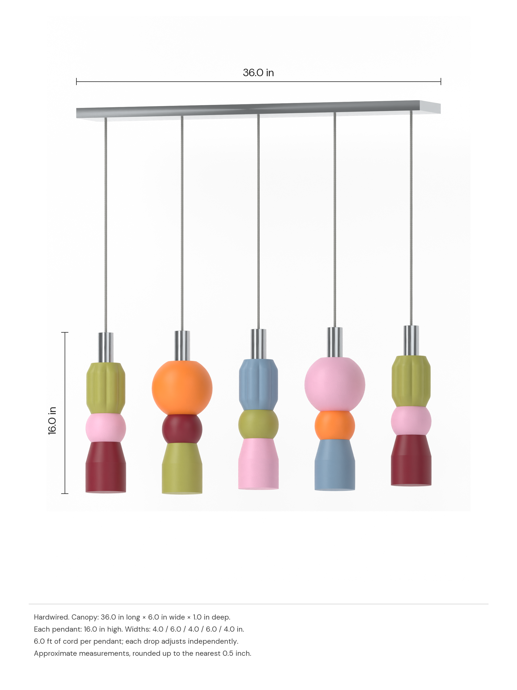 Benny Runway 5 in French Monk, Sakura Pink, Cordovan, Orange, Twill with nickel hardware, hardwired. Dimension drawing: 36.0 in canopy, 16.0 in pendant height.