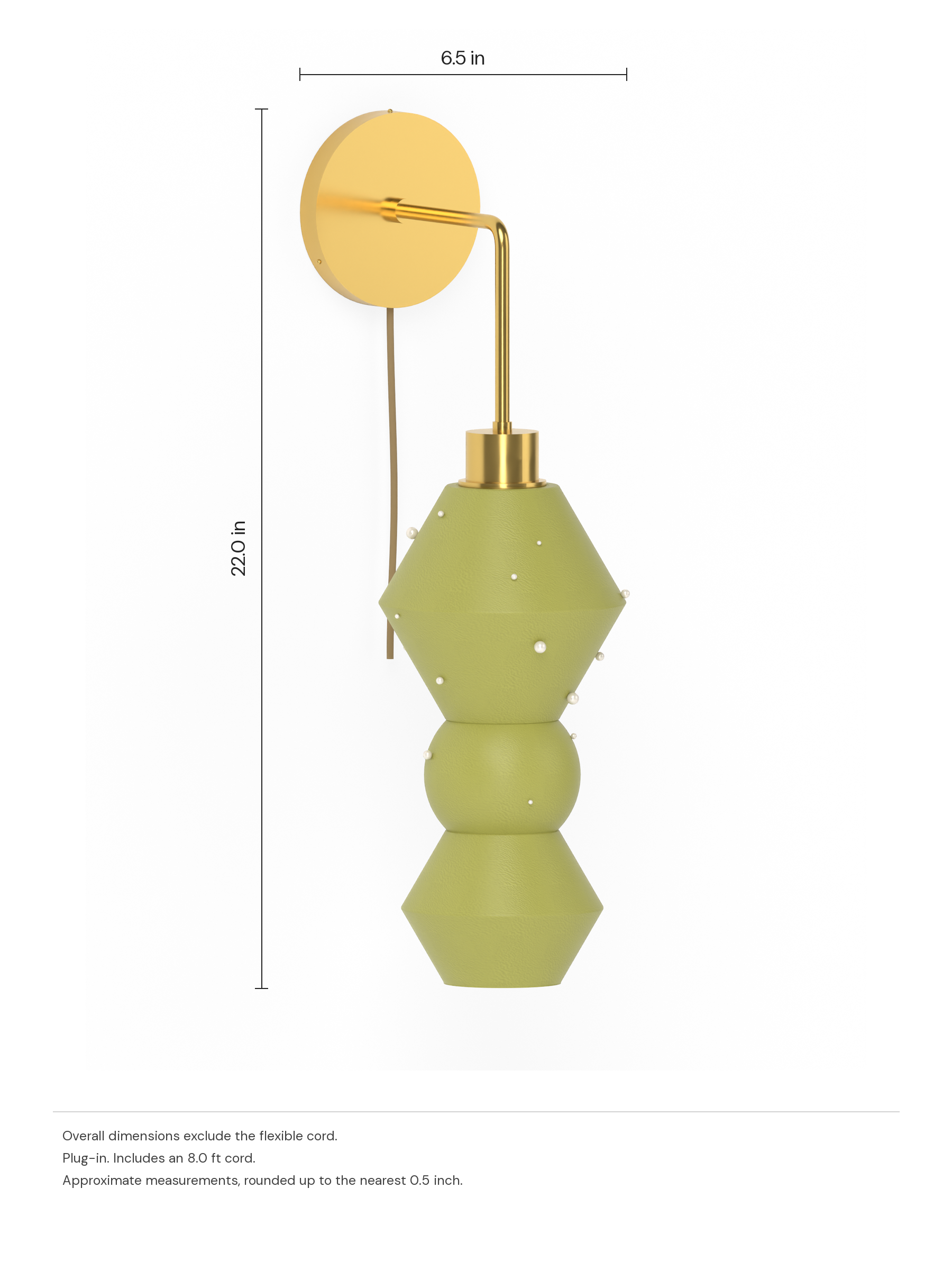 Viv Drop Out in French Monk with Pearl details with brass hardware, plug-in. Dimension drawing: 22.0 in high × 6.5 in wide, excluding flexible cords.