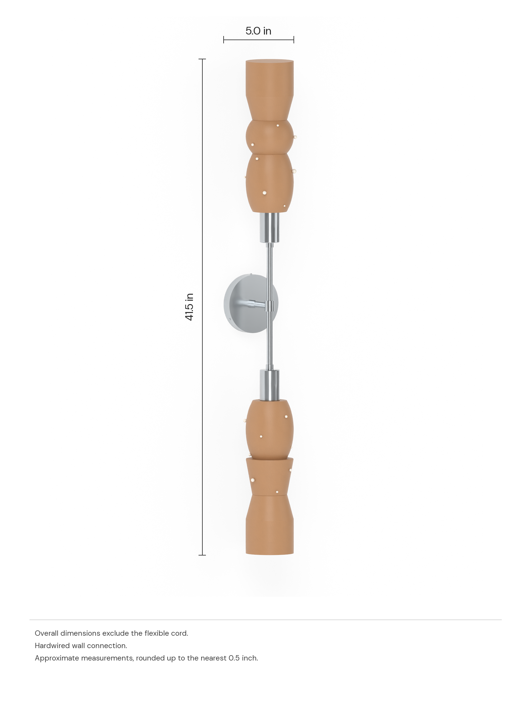 Scar Plus One in Frosted Brown with Pearl details with nickel hardware, hardwired. Dimension drawing: 41.5 in high × 5.0 in wide, excluding flexible cords.