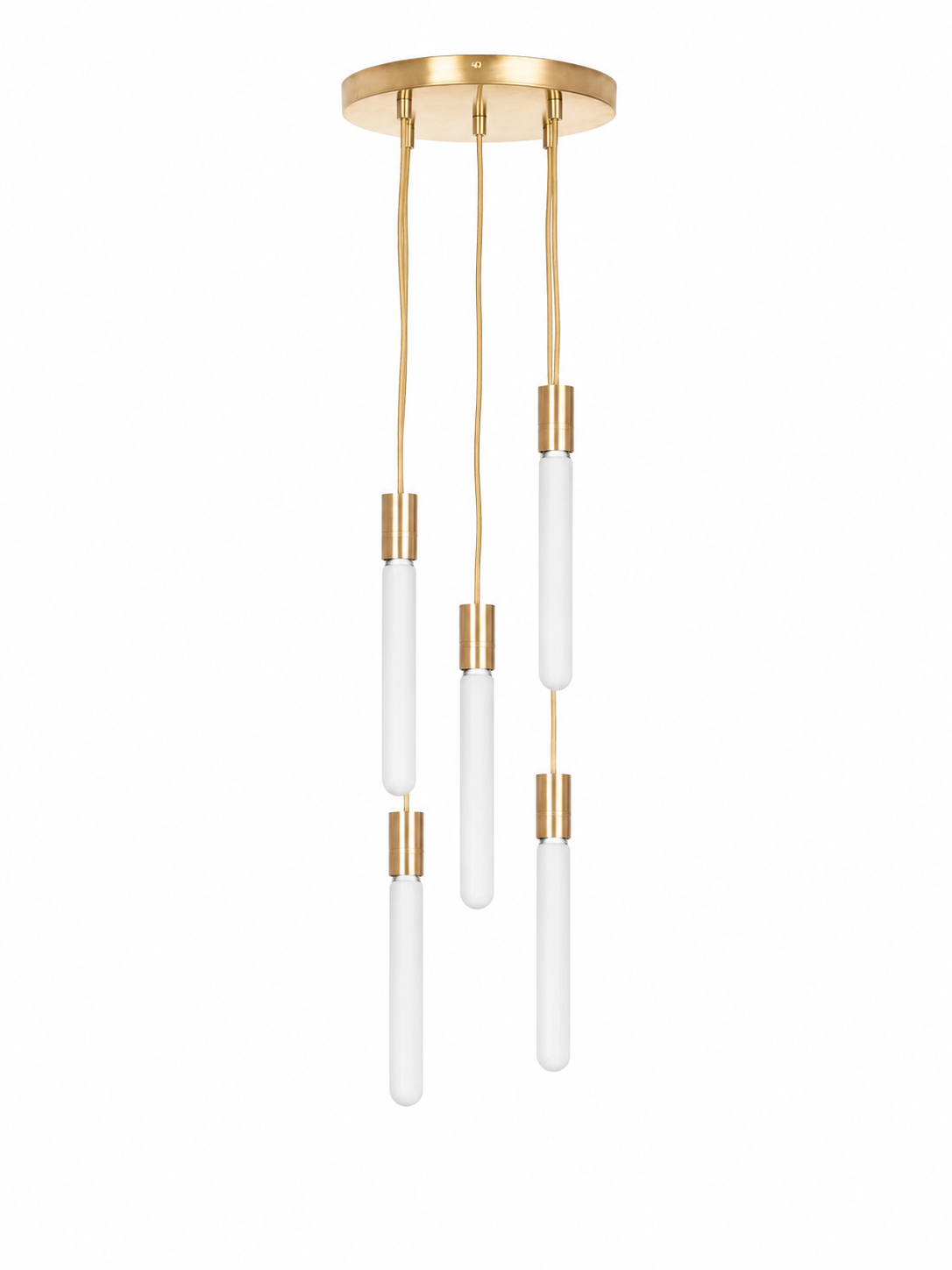 Eldon Trace Halo chandelier in brass, warm white lit drops staggered from a round brass ceiling canopy.