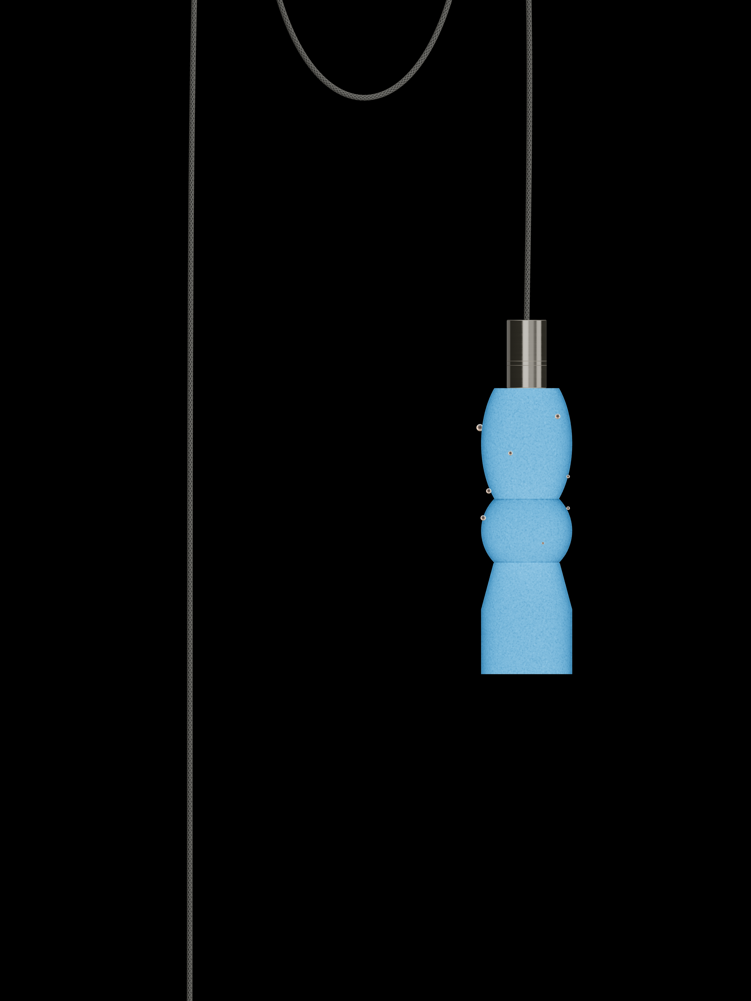 Guest Star Quiche single pendant with glowing blue shapes with pearl details and nickel hardware; plug-in version.