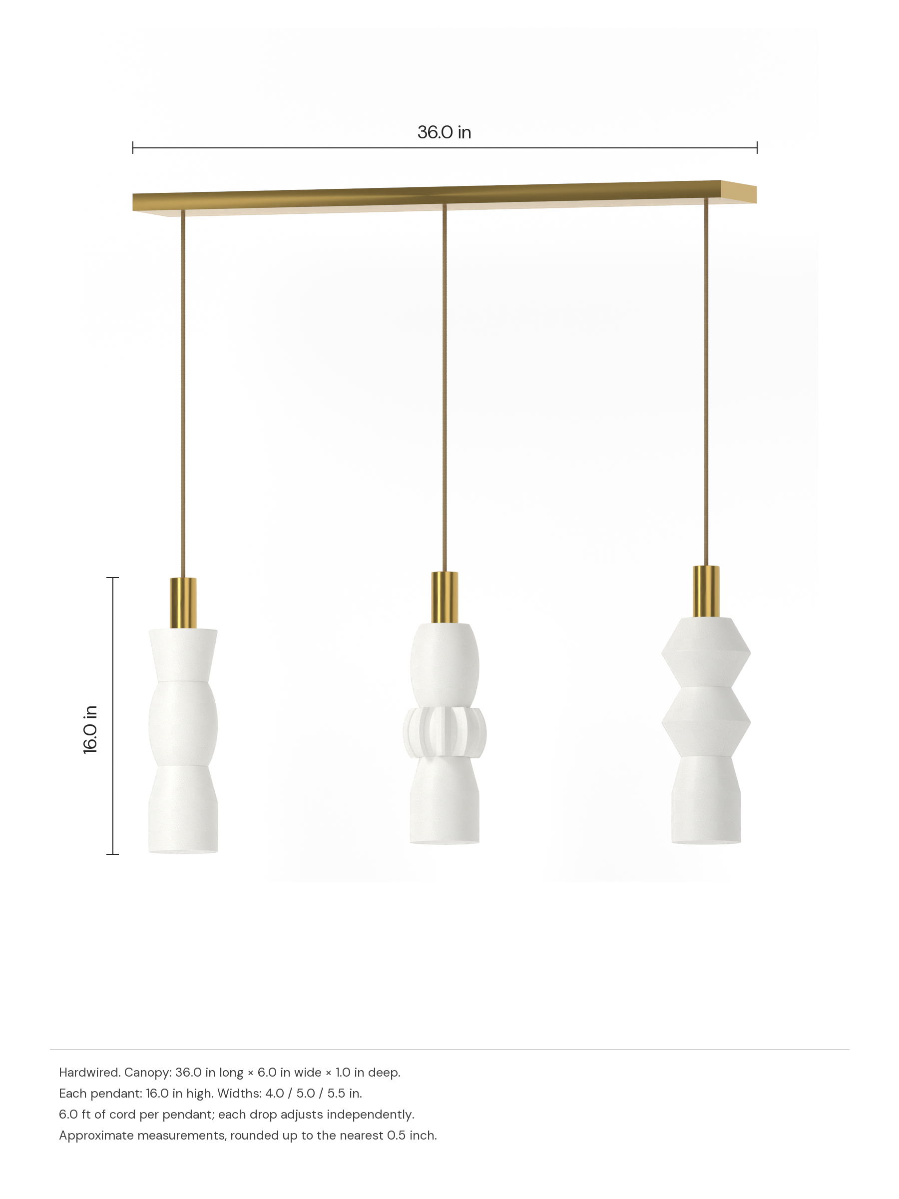 Cord Runway 3 in Linen with brass hardware, hardwired. Dimension drawing: 36.0 in canopy, 16.0 in pendant height.