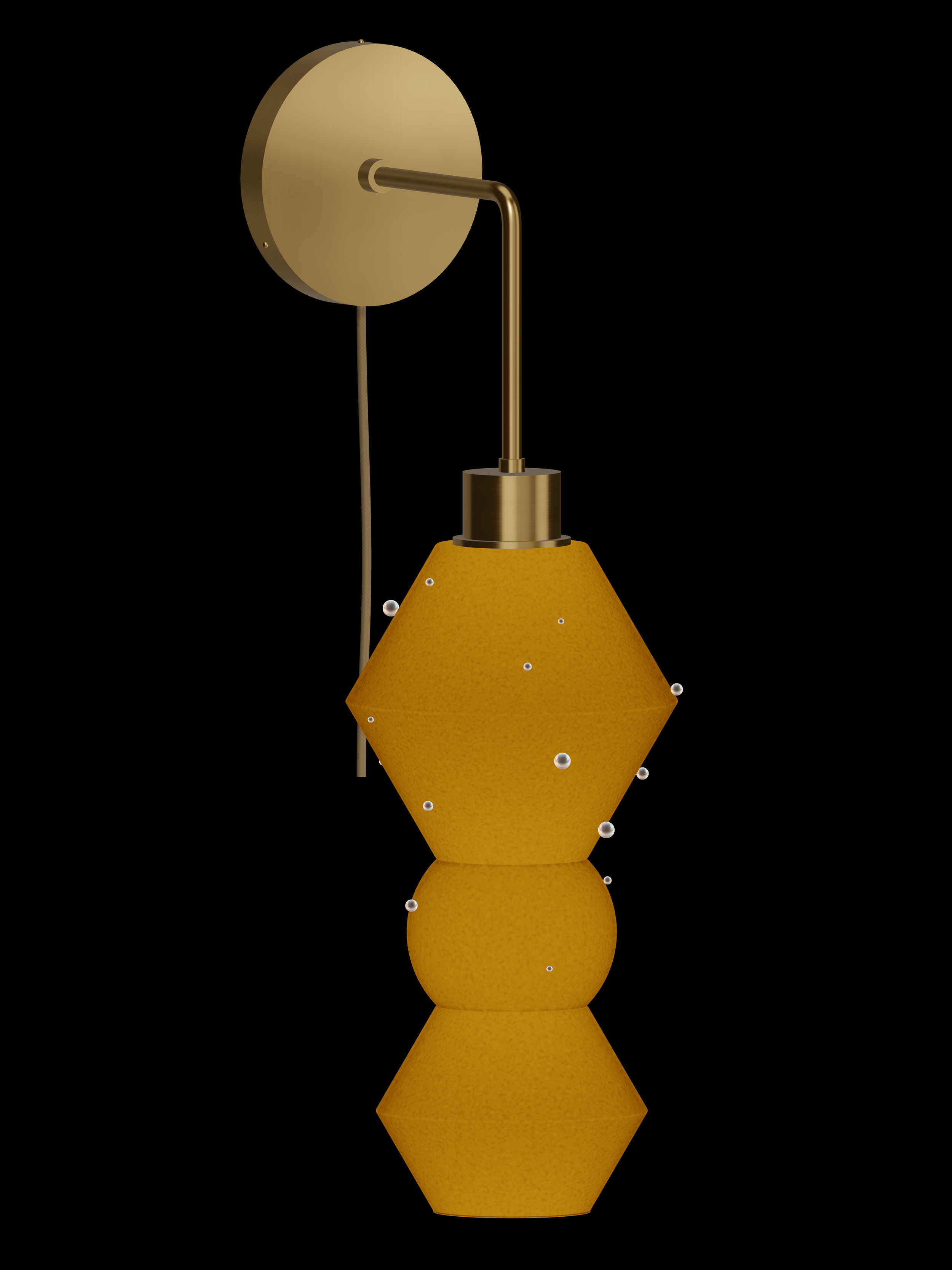 Viv Drop Out wall sconce with a hanging stack with shapes glowing amber with pearl details and brass hardware; plug-in version.
