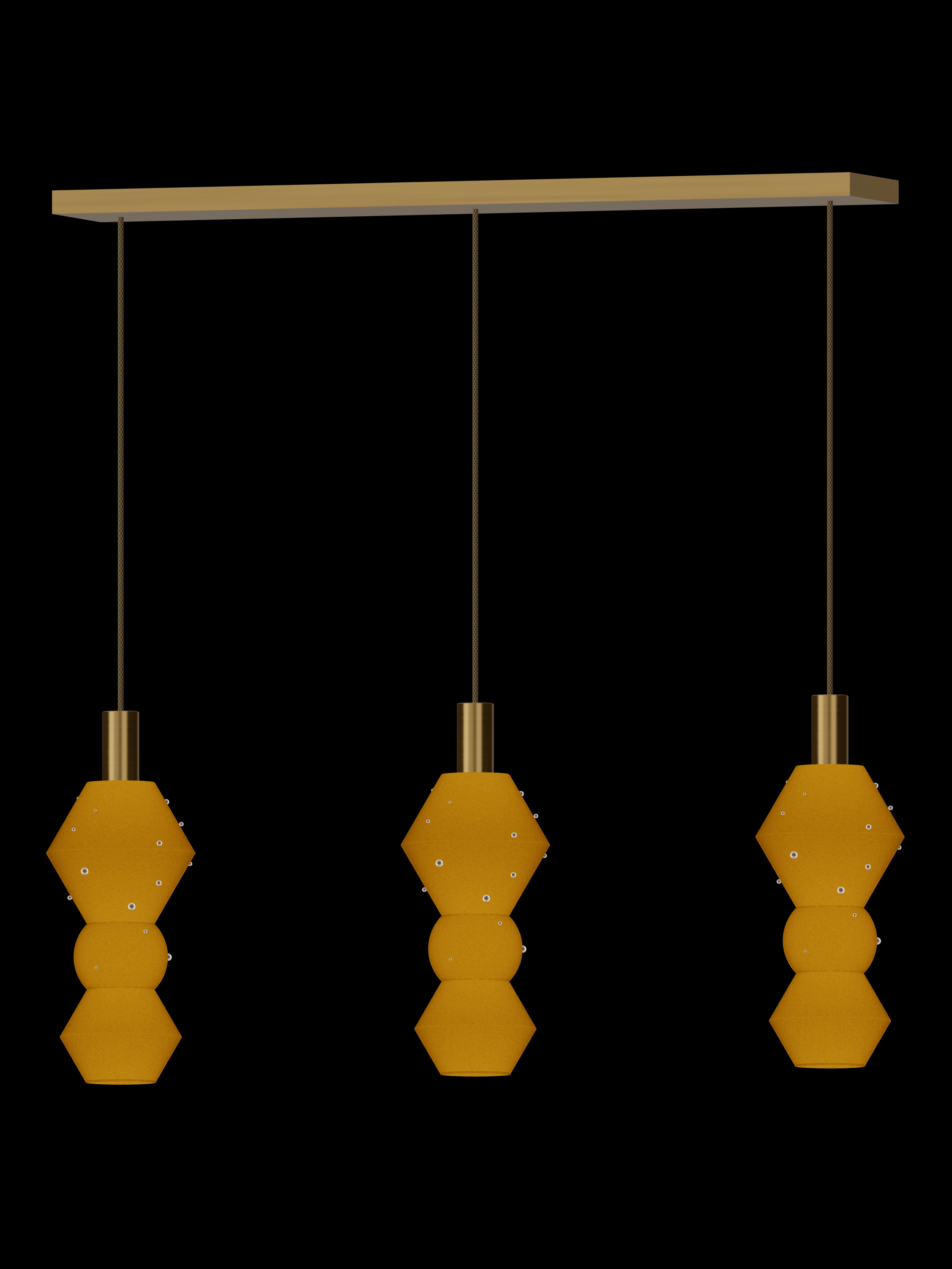 Viv Runway 3 three-pendant light with shapes glowing amber with pearl details and brass hardware; hardwired version.