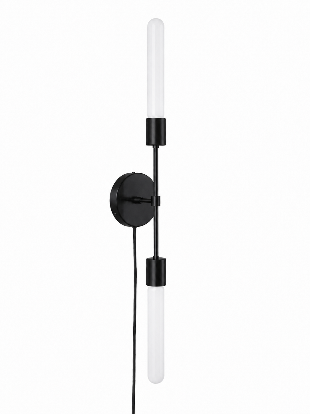 Eldon Trace Plus One double sconce in black, two bare bulbs on a slim arm with a round wall canopy and plug-in cord